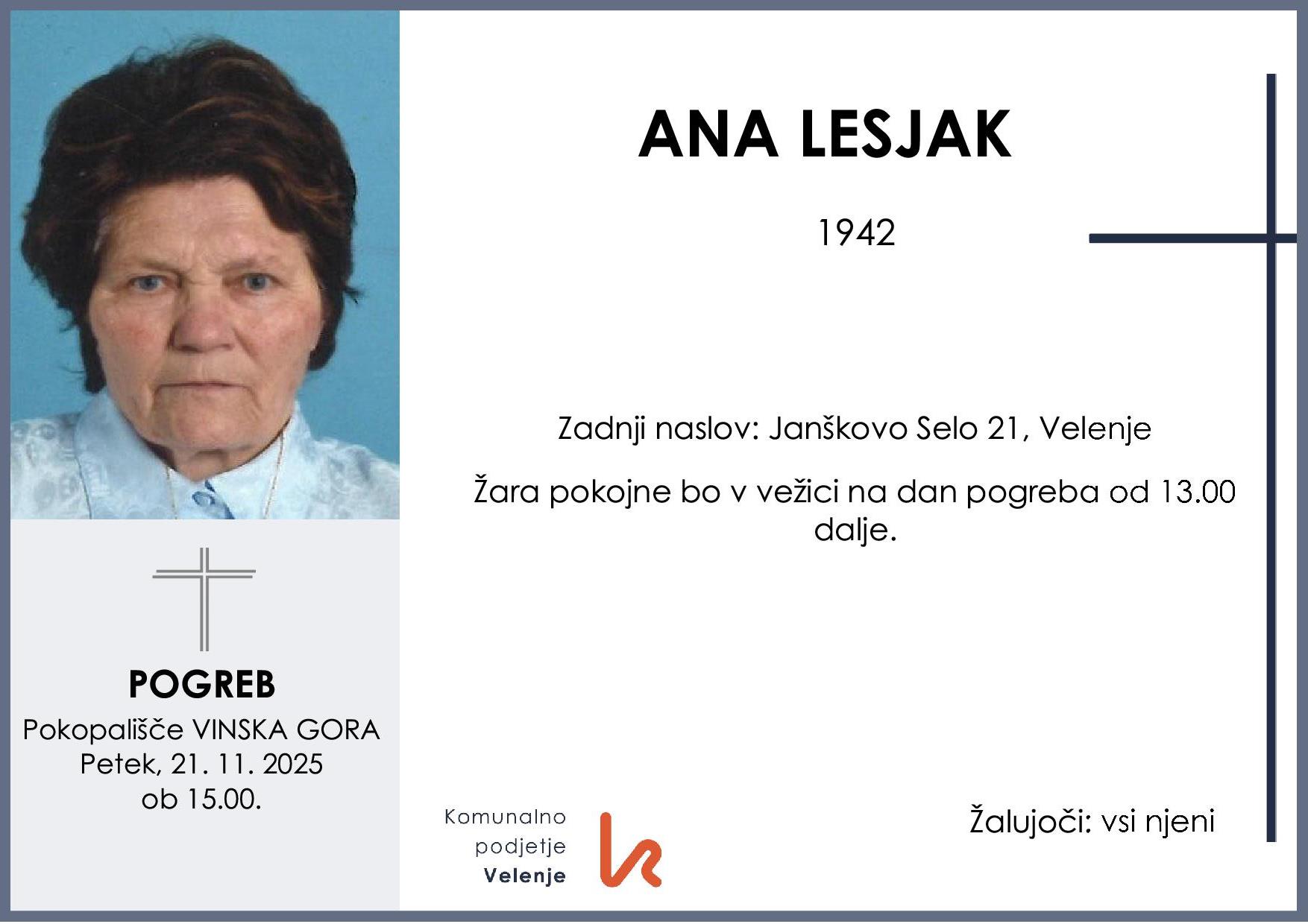 OsmrtnicaLesjakAna1942 pogreb petek 21.11.2025 ob 15.00 Vinska Gora