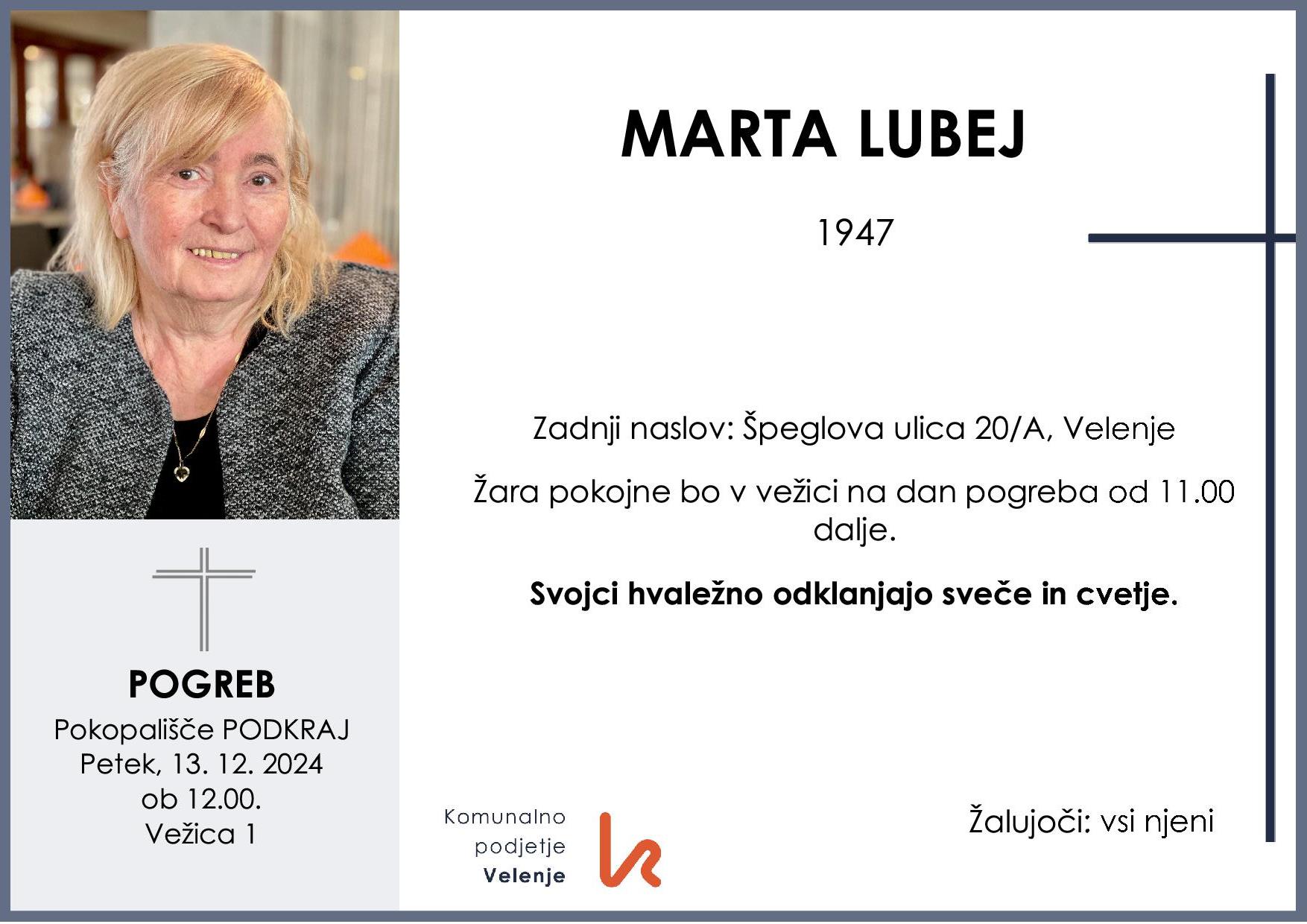 OsmrtnicaLubejMarta1947 pogreb petek 13.12.2024 ob 12.00 Podkraj