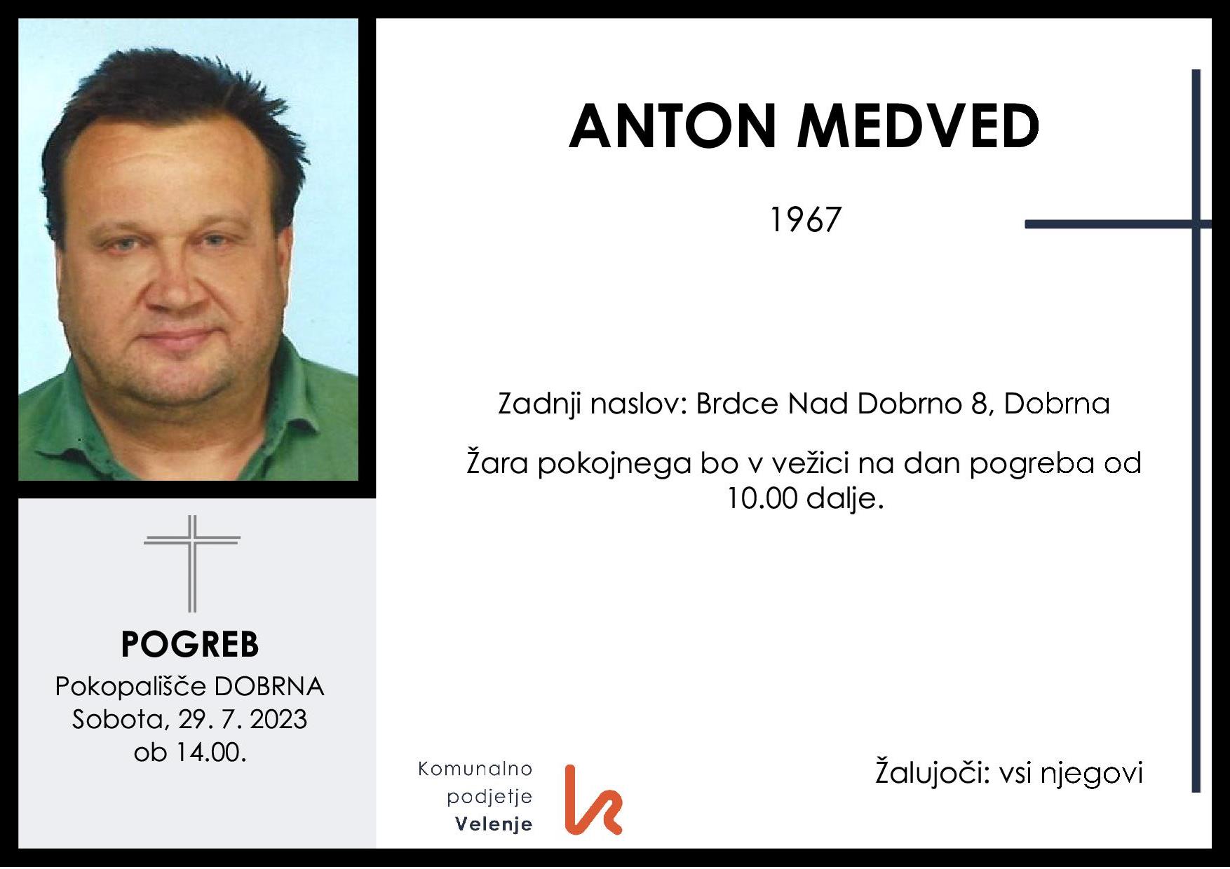 OsmrtnicaMedvedAnton1967pogreb sobota 29.7.2023 ob 14.00 Dobrna