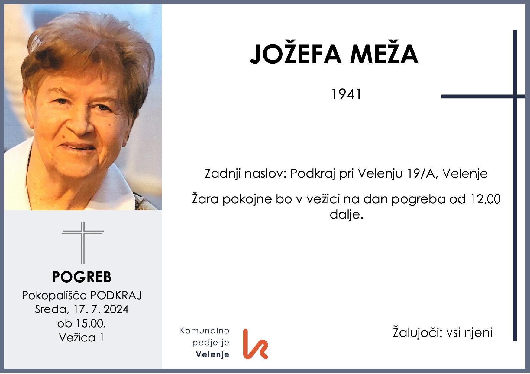OsmrtnicaMežaJožefa1941pogreb sreda 17.7.2024 ob 15.00 Podkraj