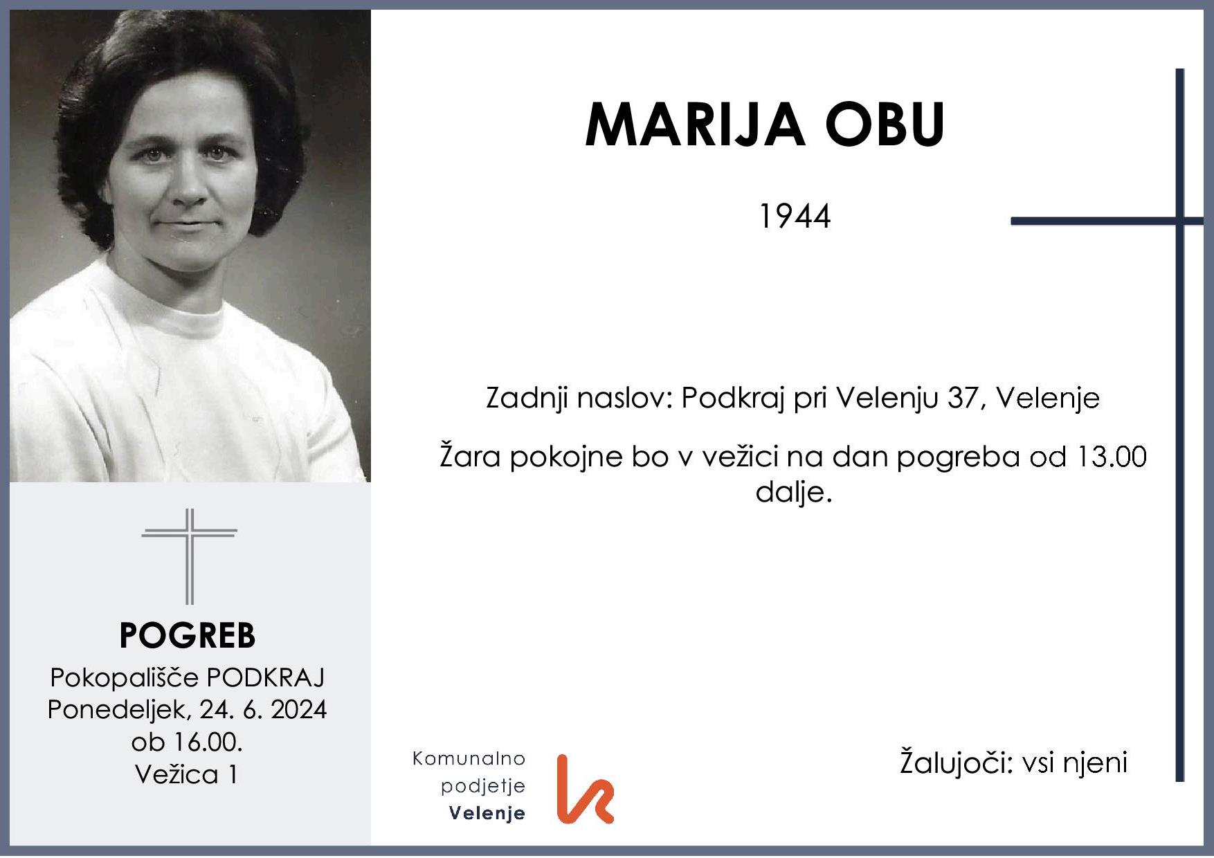 OsmrtnicaObuMarija1944pogreb ponedeljek 24.6.2024 ob 16.00 Podkraj