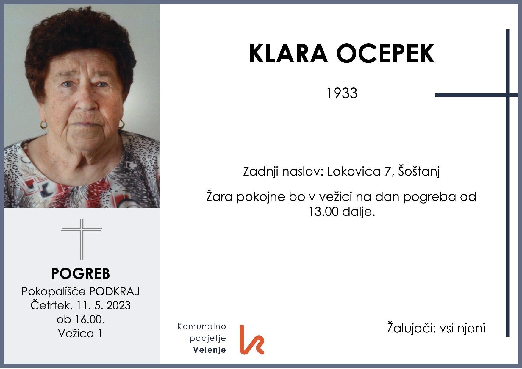 OsmrtnicaOcepekKlara1933 pogreb četrtek 11.5.2023 0b 16.00 Podkraj