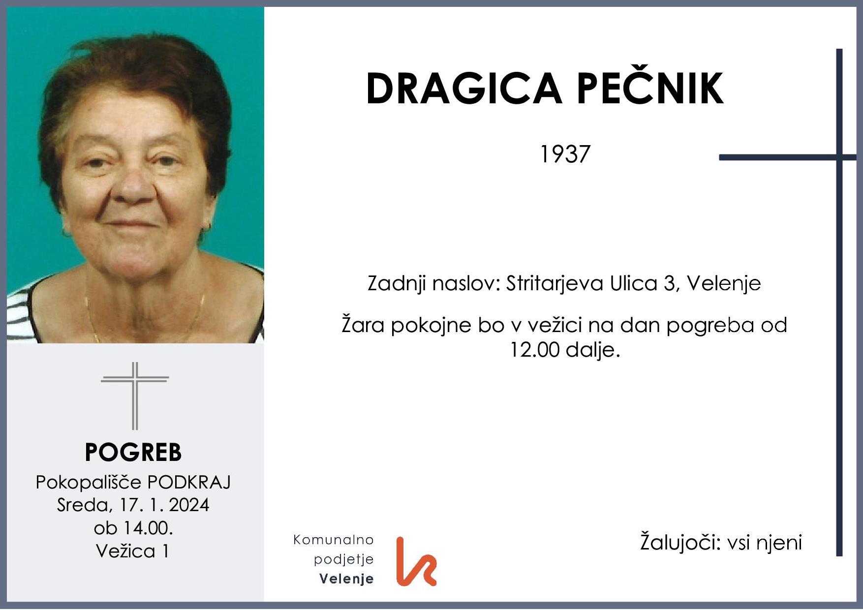 OsmrtnicaPečnikDragica1937 pogreb sreda 17.1.2024 ob 14.00 Podkraj