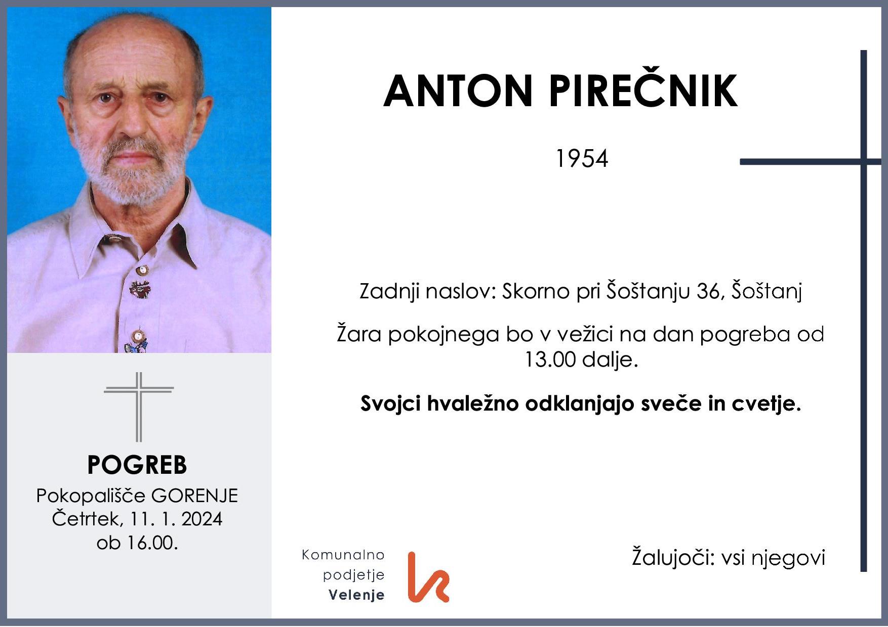 OsmrtnicaPirečnikAnton1954pogreb četrtek 11.1.2024 ob 16.00 Gorenje