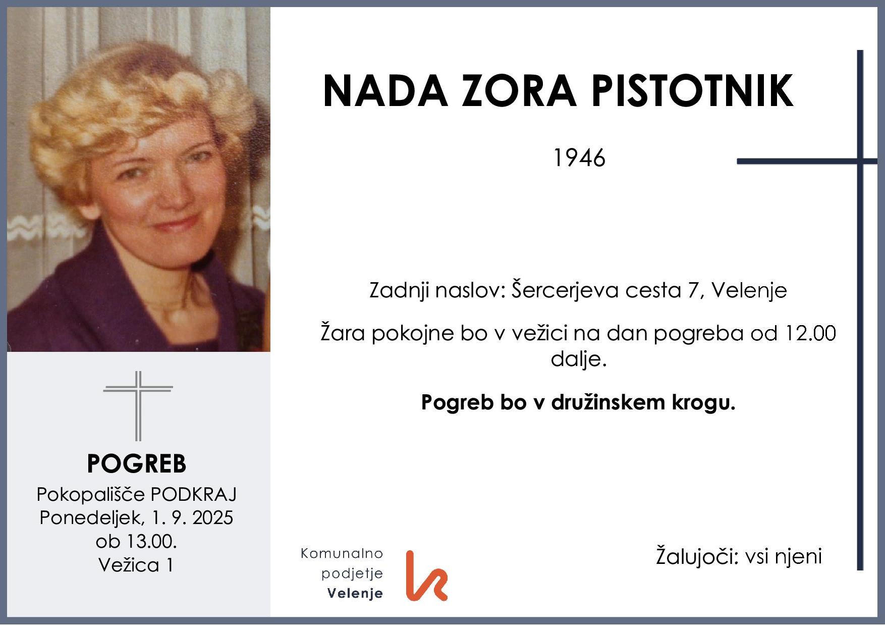 OsmrtnicaPistotnikNadaZora1946pogreb ponedeljek 1.9.2025 ob 13.00 Podkraj