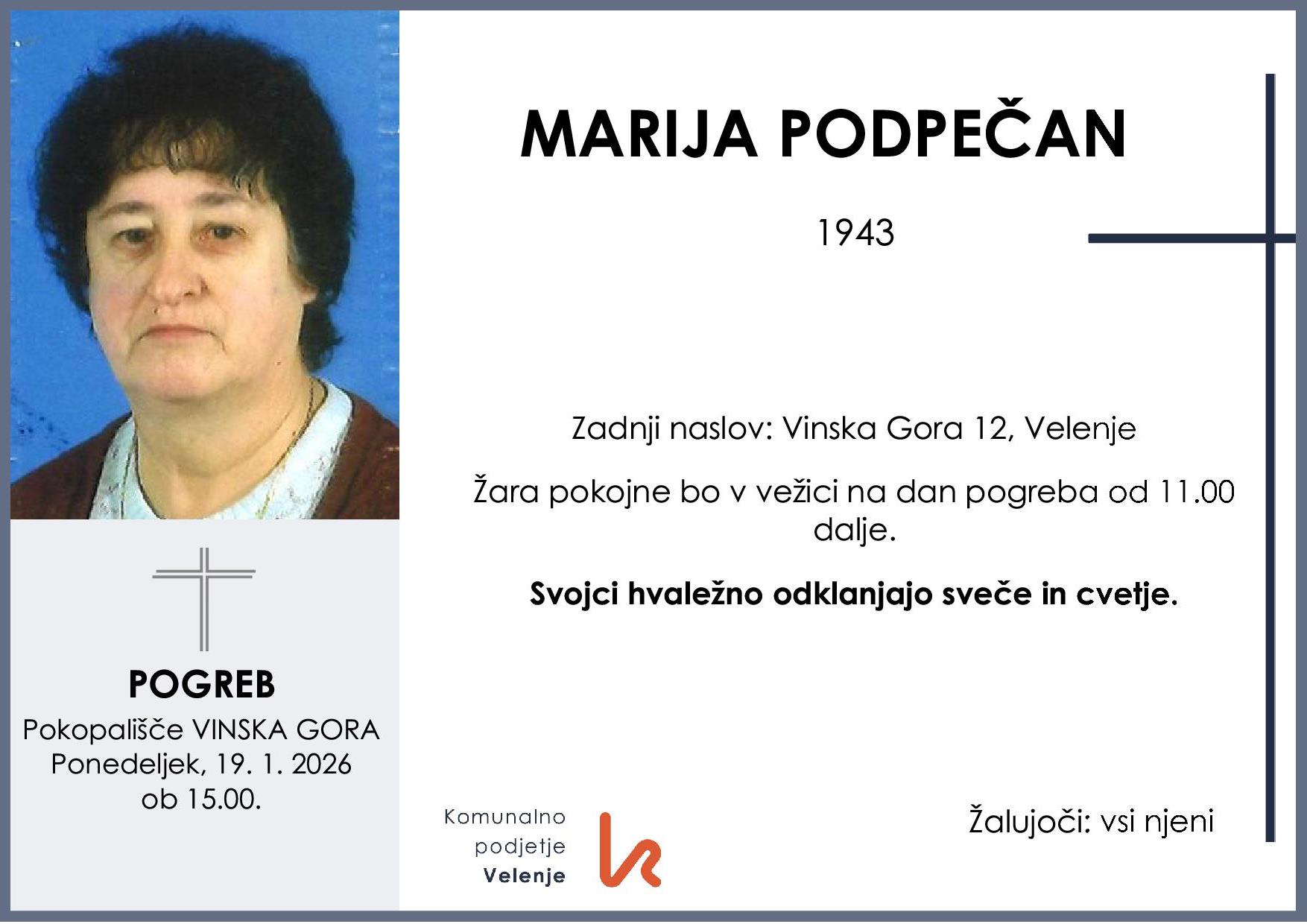 OsmrtnicaPodpečanMarija1943pogreb ponedeljek 19.1.2026 ob 15.00 Vinska Gora