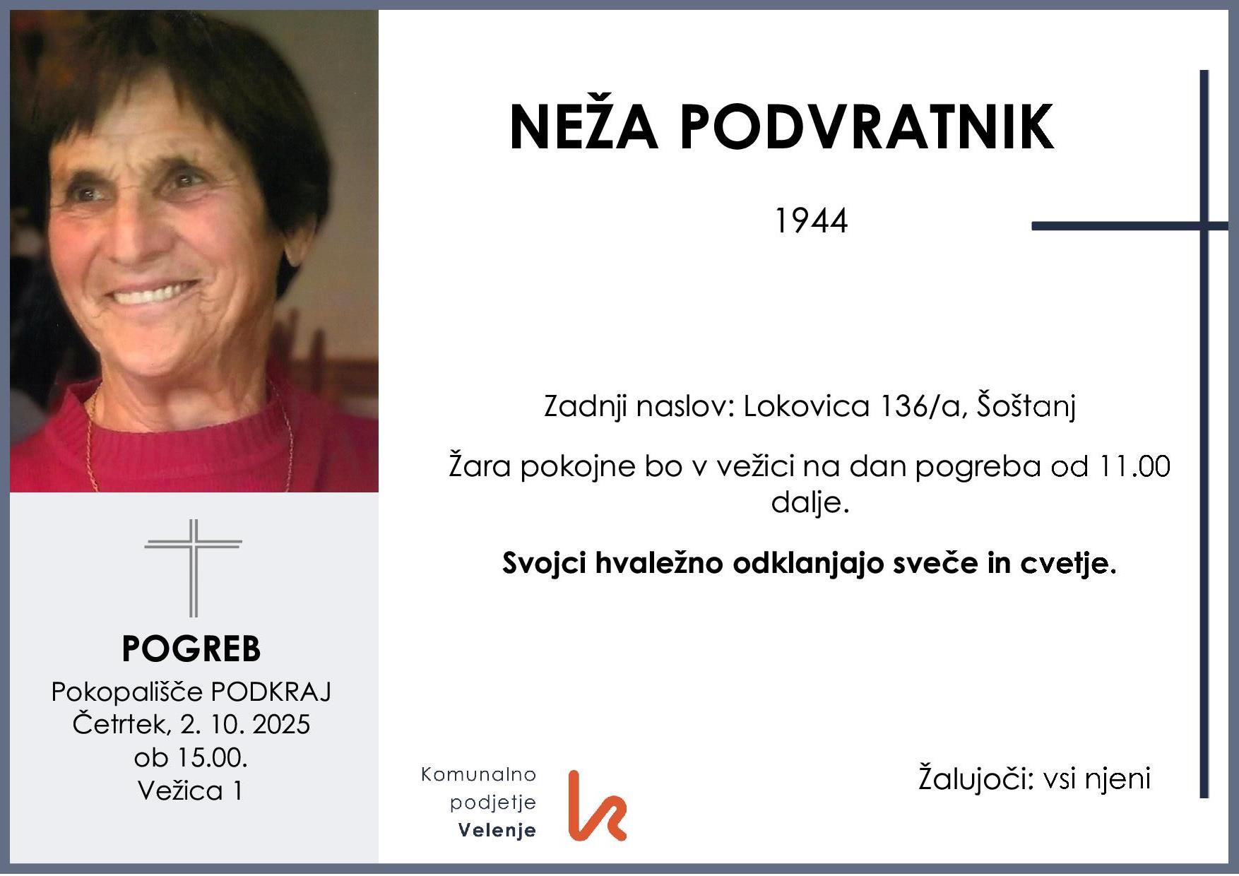 OsmrtnicaPodvratnikNeža1944 pogreb četrtek 2.10.2025 ob 15.00 Podkraj