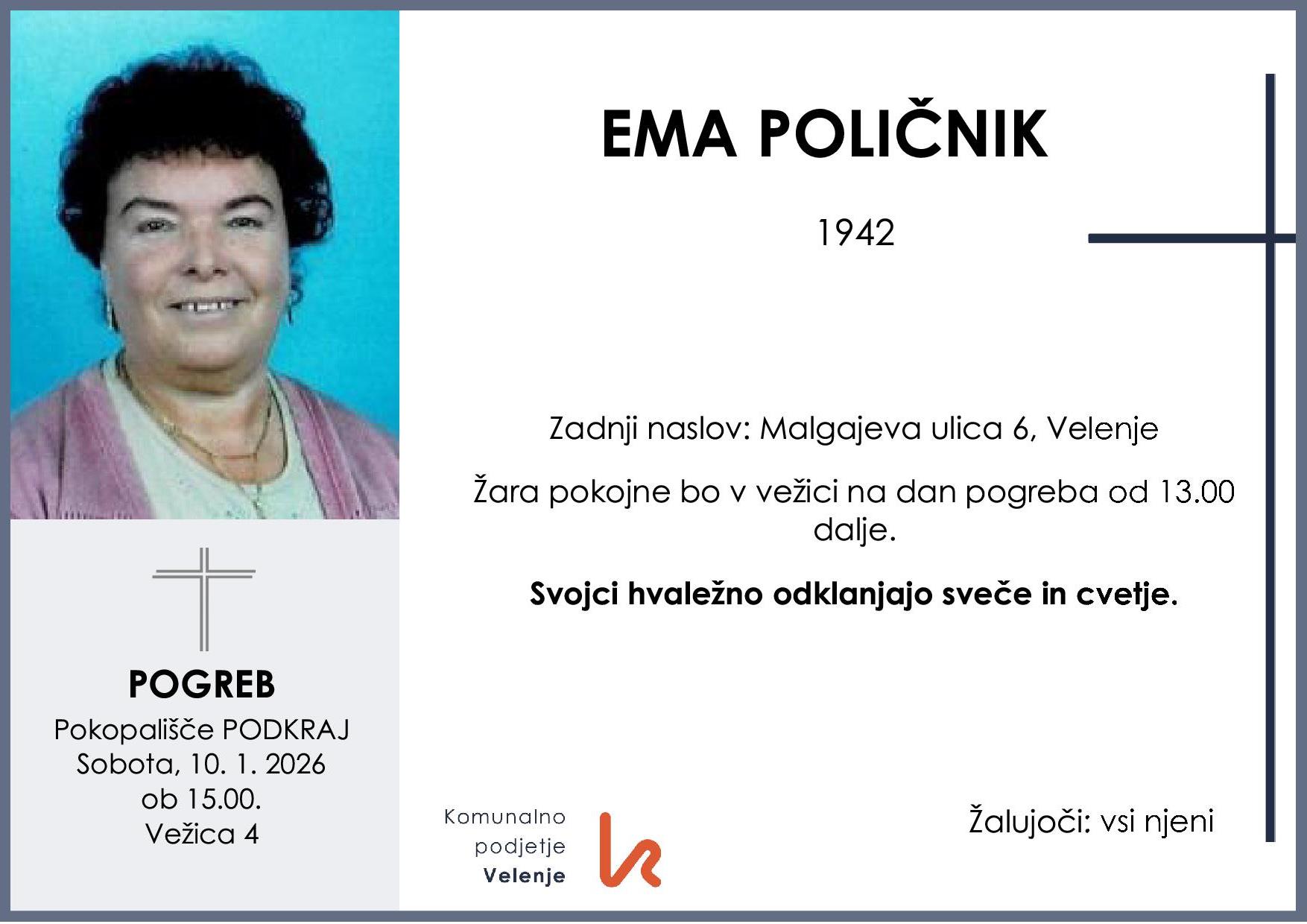 OsmrtnicaPoličnikEma1942 pogreb sobota 10.1.2026 ob 15.00 Podkraj