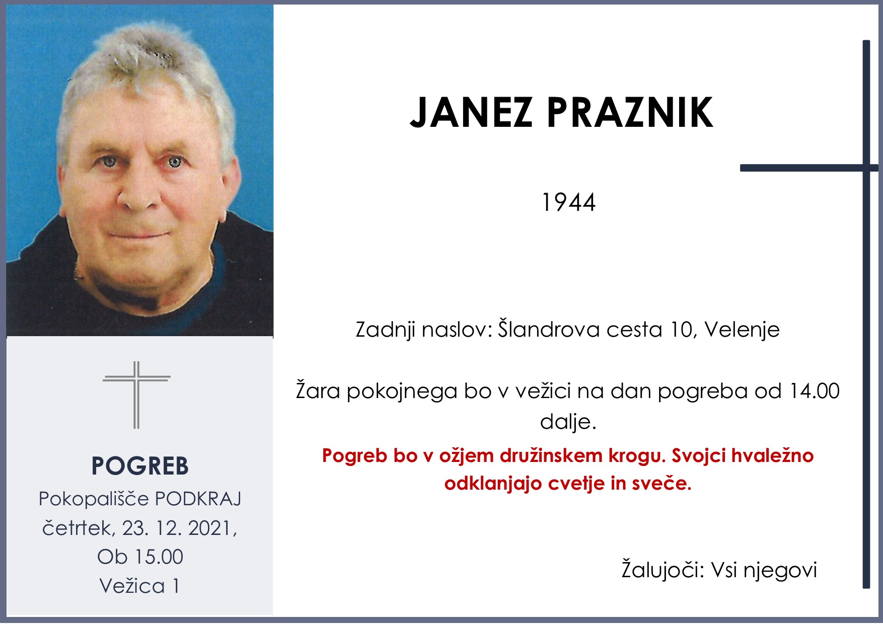 OsmrtnicaPraznikJanez1944pogreb četrtek 23.12.2021 ob 15.00 Podkraj