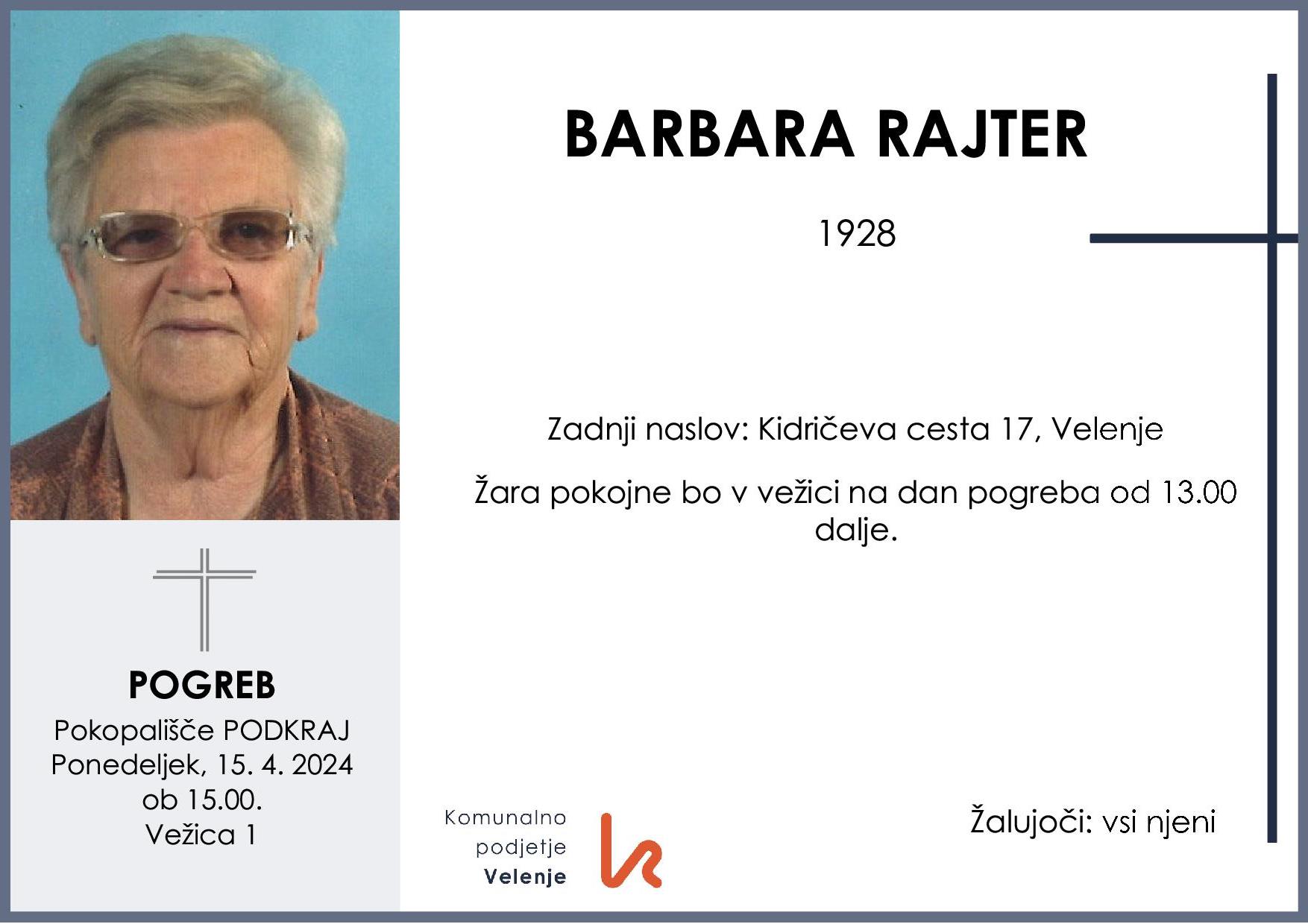 OsmrtnicaRajterBarbara1928 pogreb ponedeljek 15.4.2024 ob 15.00 Podkraj