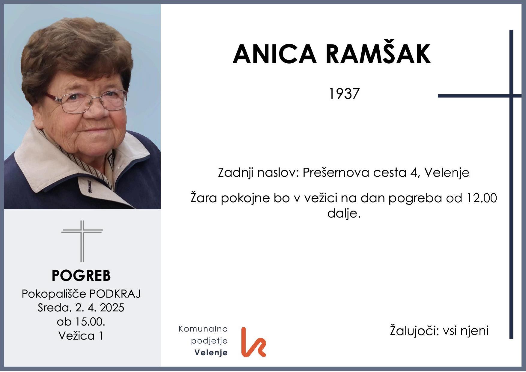 OsmrtnicaRamšakAnica1937pogreb sreda 2.4.2025 ob 15.00 Podkraj