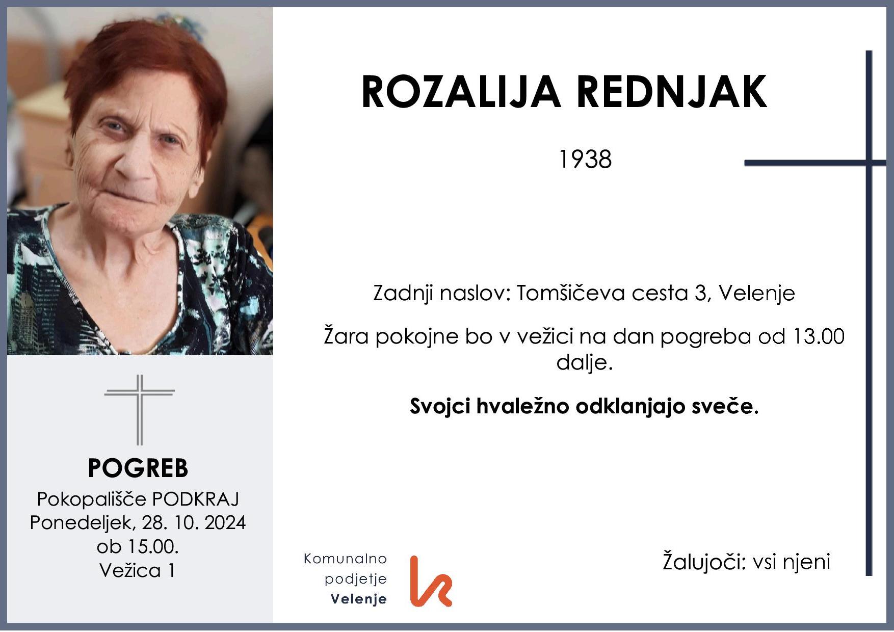 OsmrtnicaRednjakRozalija1938pogreb ponedeljek 28.10.2024 ob 15.00 Podkraj