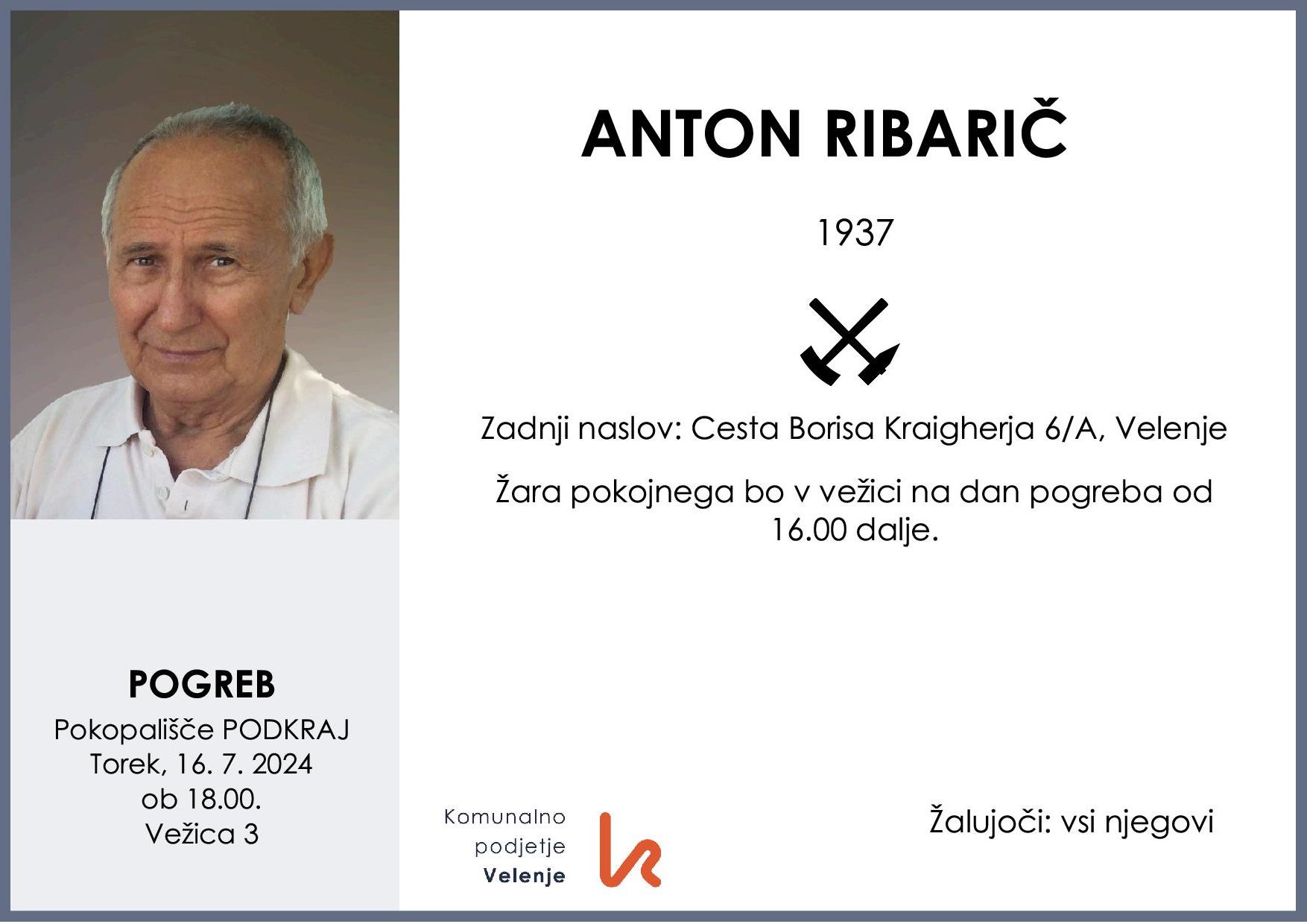 OsmrtnicaRibaričAnton1937pogreb torek 16.7.2024 ob 18.00 Podkraj