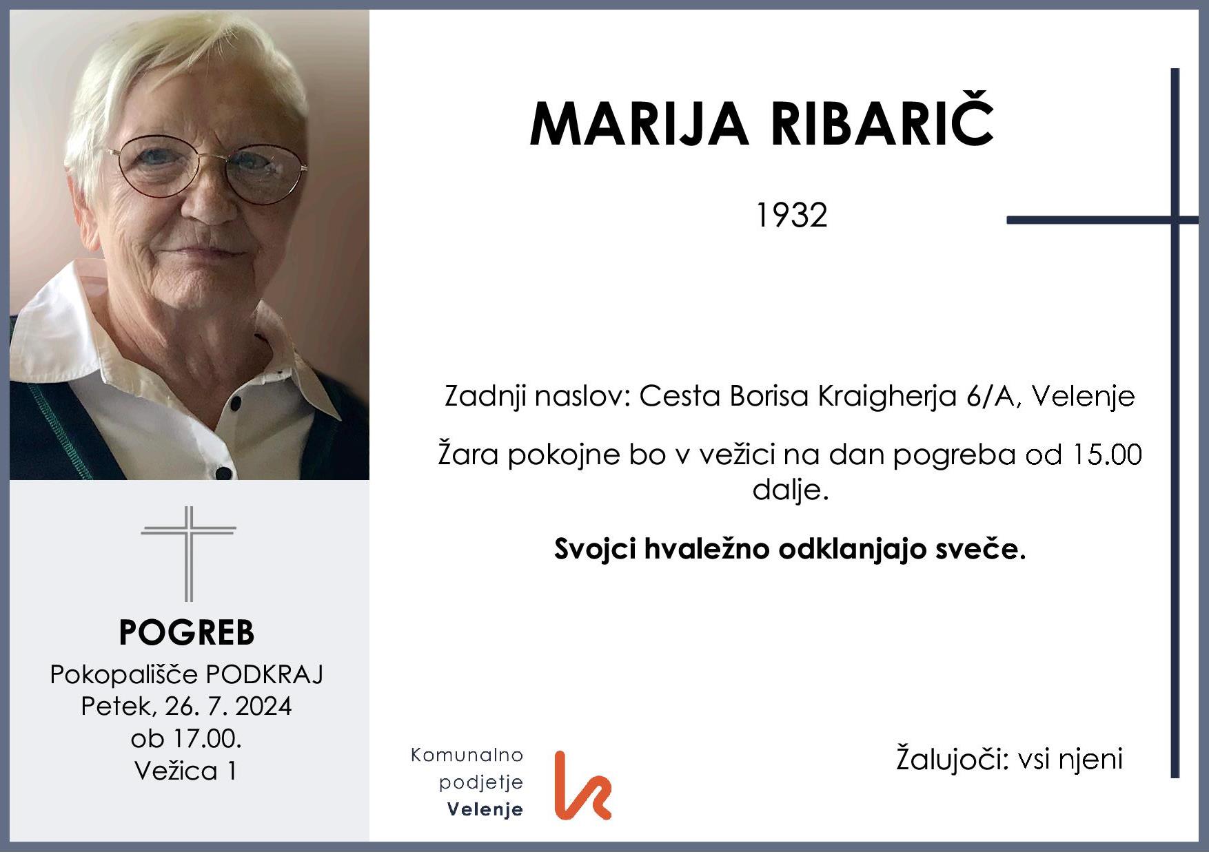 OsmrtnicaRibaričMarija1932 pogreb petek 26.7.2024 ob 17.00 Podkraj