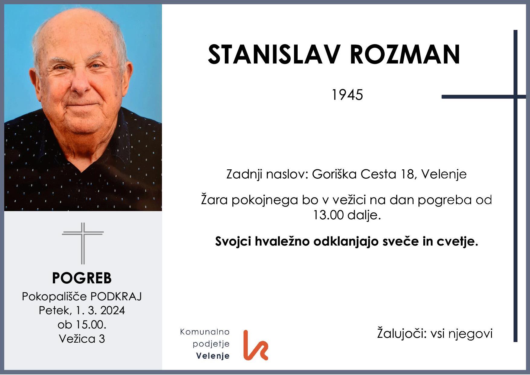 OsmrtnicaRozmanStanislav1945 pogreb petek, 1.3.2024 ob 15.00 Podkraj