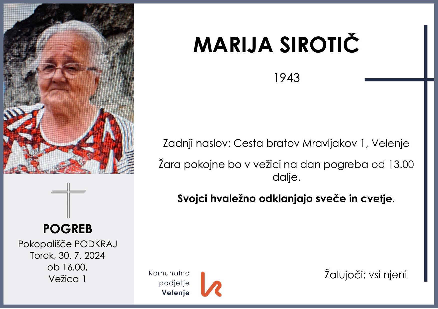 OsmrtnicaSirotičMarija1943 pogreb torek 30.7.2024 ob 16.00 Podkraj