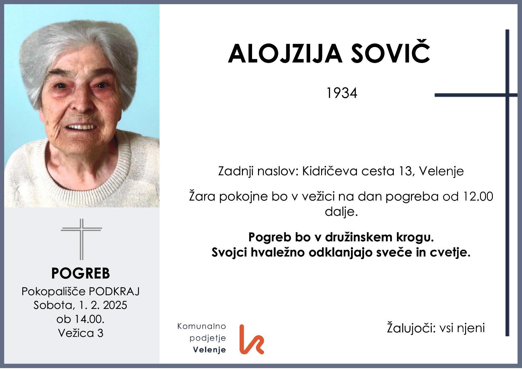 OsmrtnicaSovičAlojzija1934 pogreb sobota 1.2.2025 ob 14.00 Podkraj