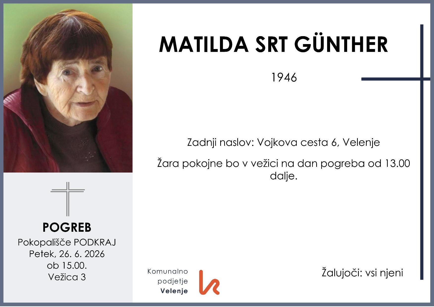 OsmrtnicaSrtGüntherMatilda1946 pogreb petek 26.6.2026 ob 15.00 Podkraj