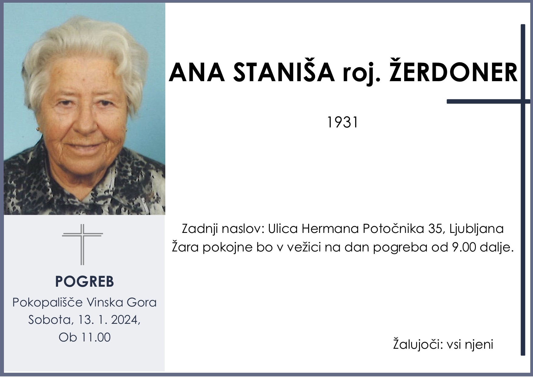 OsmrtnicaStanišaAna1931 pogreb sobota 13.1.2024 ob 11.00 Vinska Gora