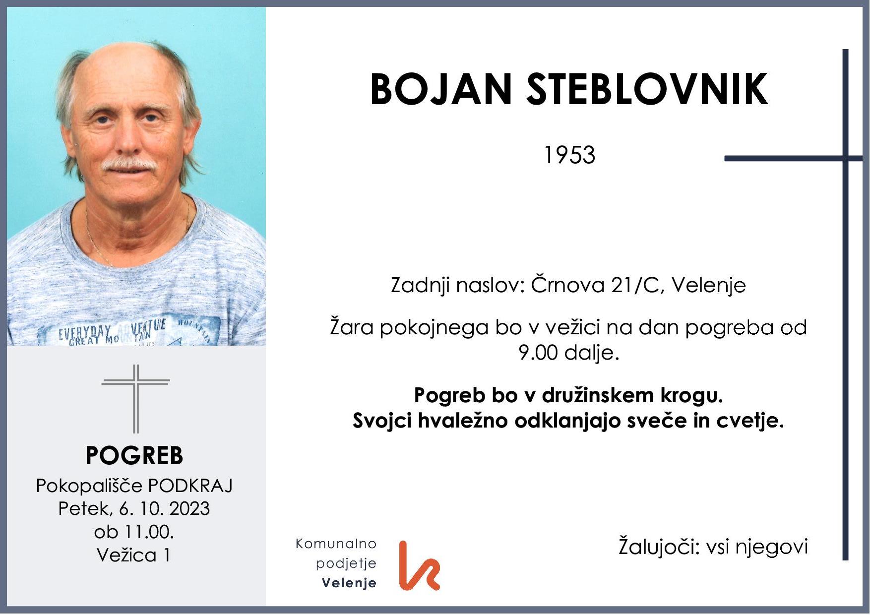 OsmrtnicaSteblovnikBojan1953 pogreb petek 6.10.2023 ob 11.00 Podkraj