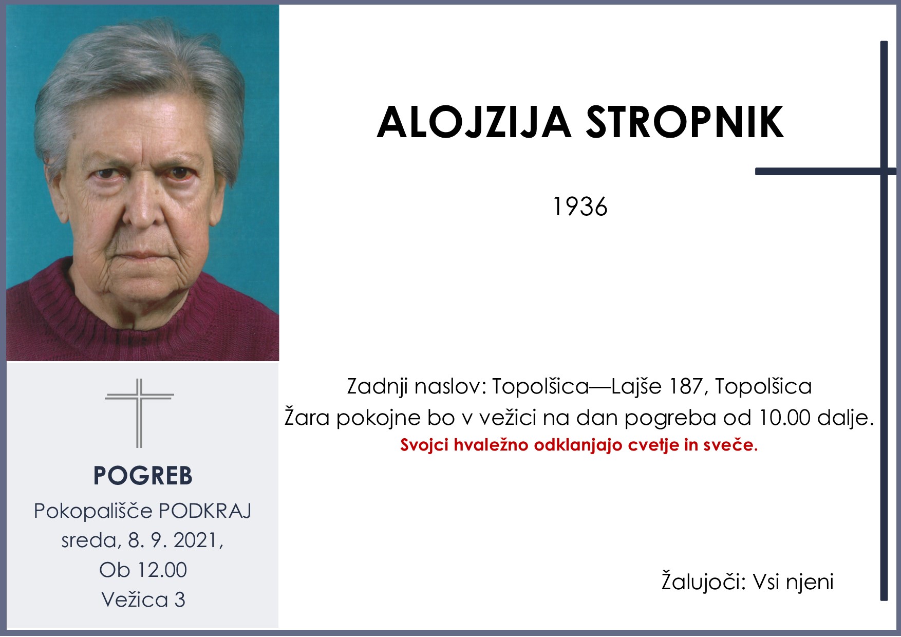 OsmrtnicaStropnikAlojzija1936pogreb sreda 8.9.2021 ob 12.00 Podkraj