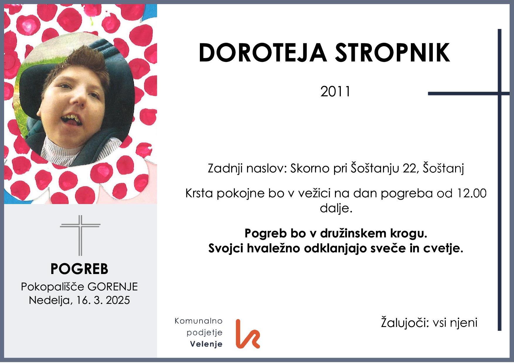 OsmrtnicaStropnikDoroteja2011pogreb nedelja 16.3.2025 ob 13.00 Gorenje