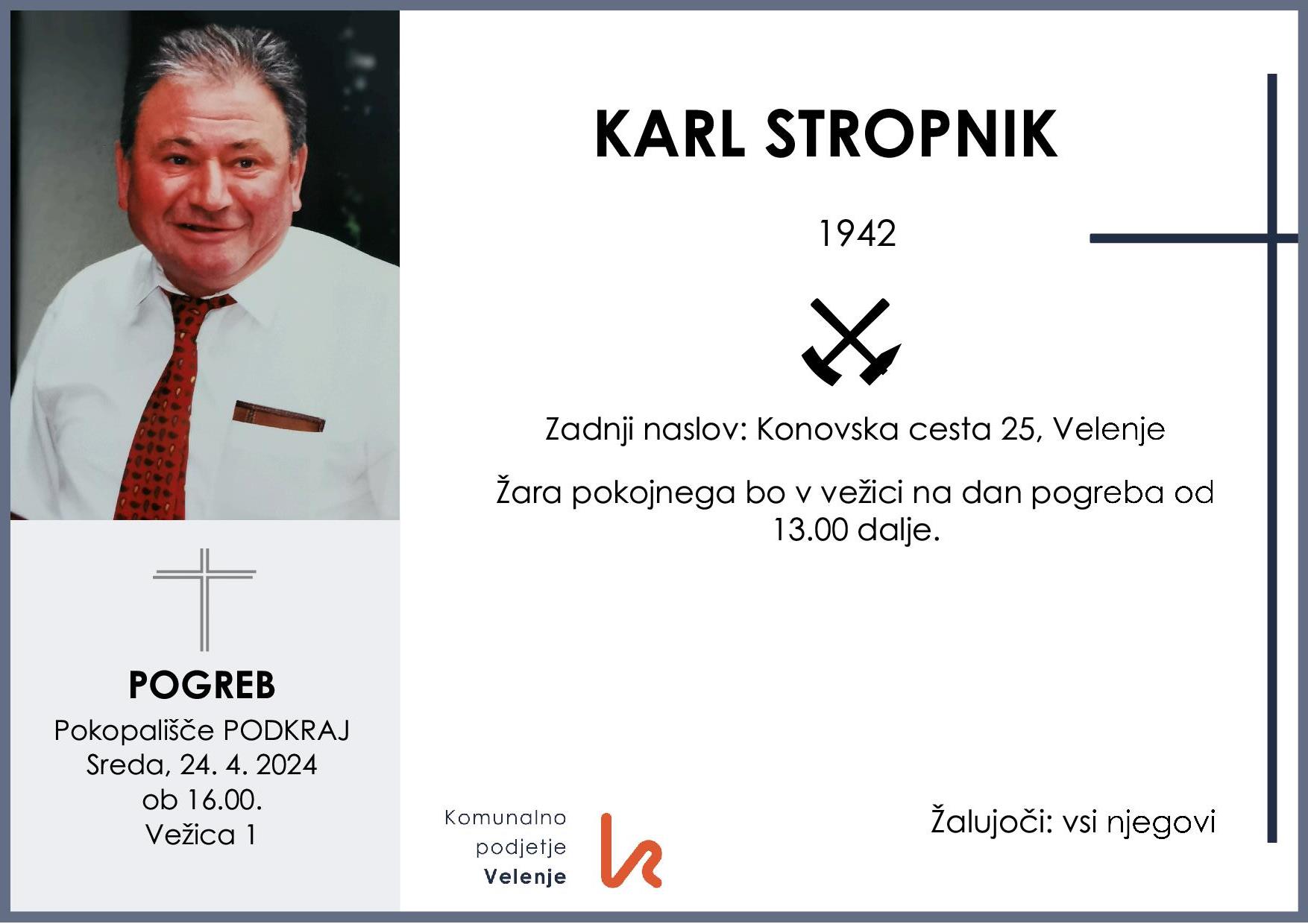 OsmrtnicaStropnikKarl1942 pogreb sreda 24.4.2024 ob 16.00 Podkraj