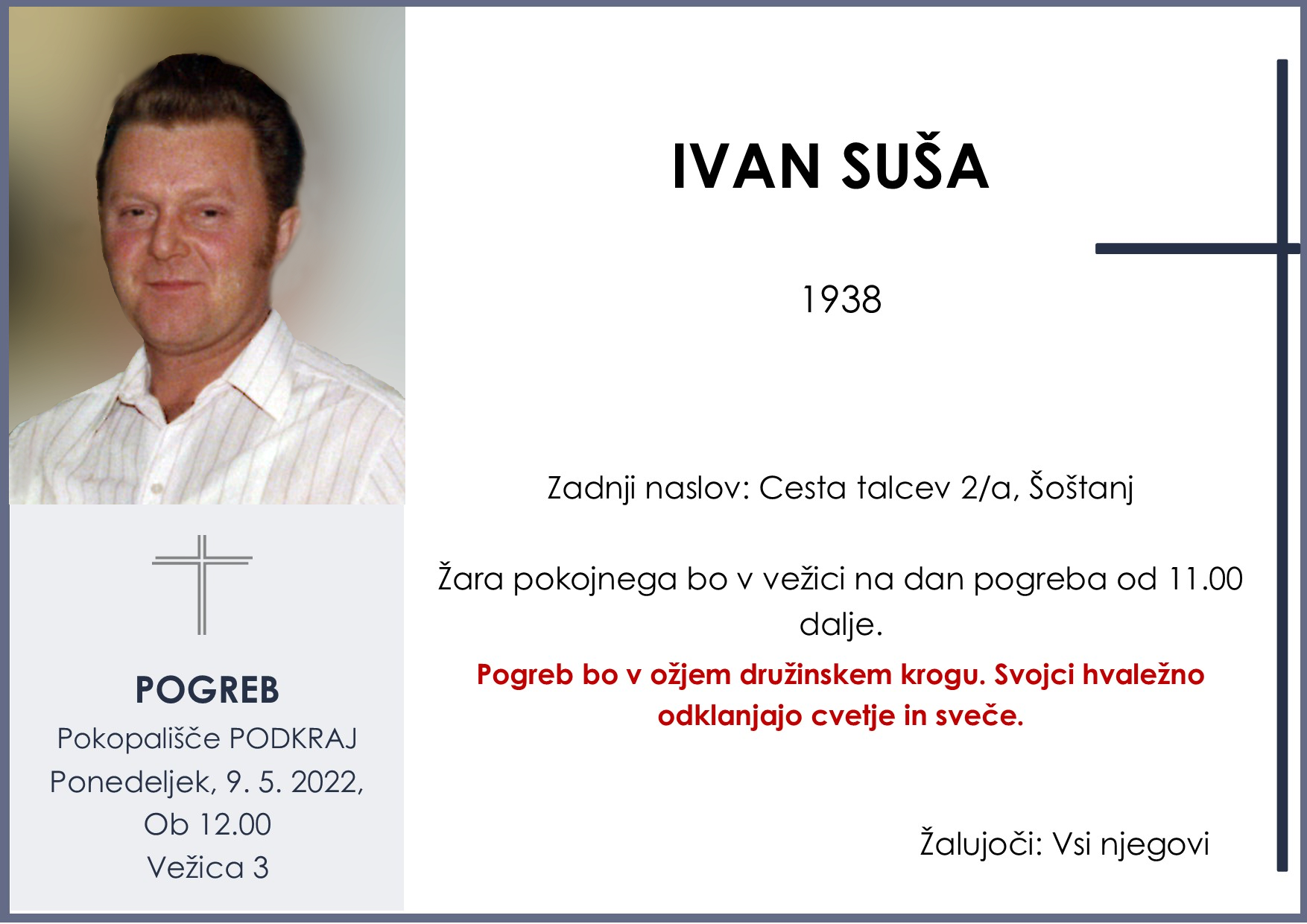 OsmrtnicaSušaIvan1938pogreb ponedeljek 9.5.2022 ob 12.00 Podkraj