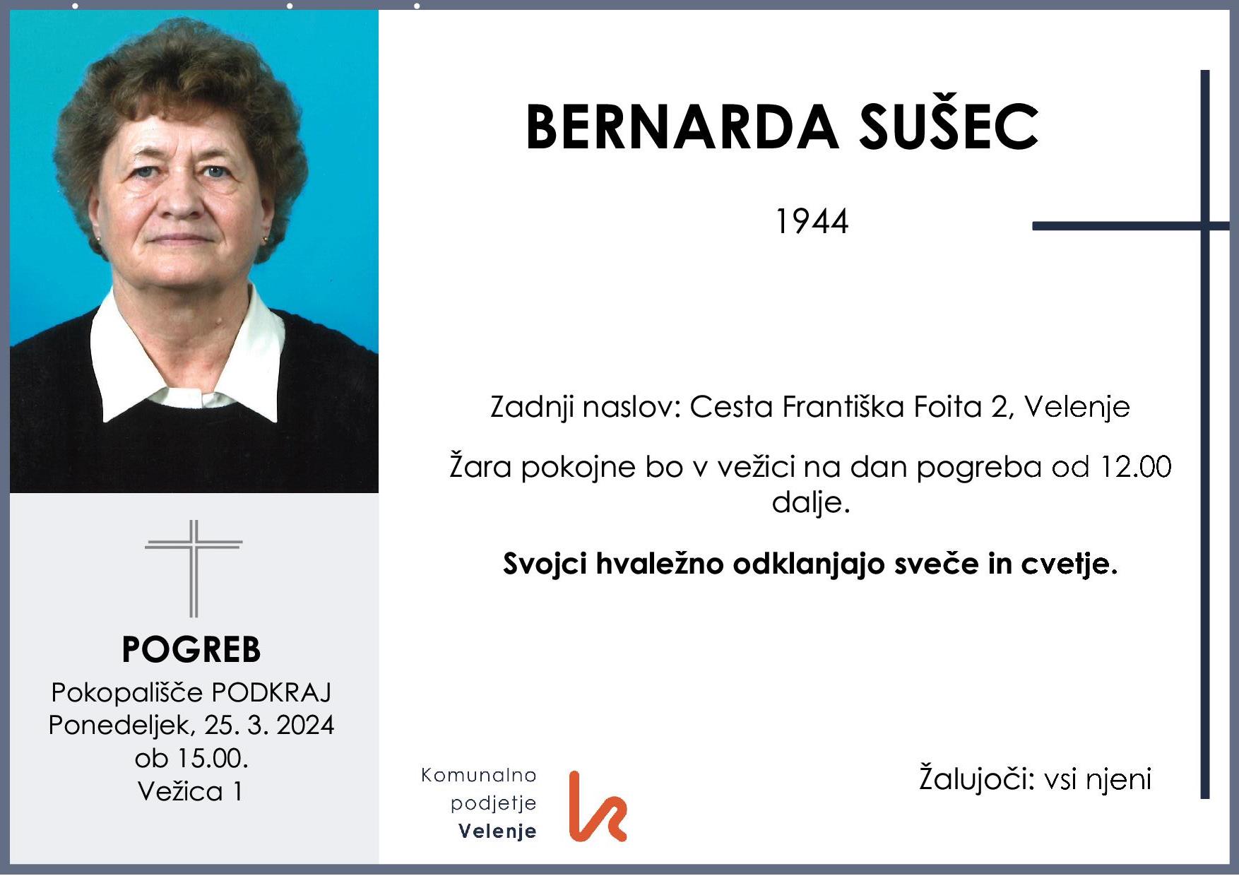 OsmrtnicaSušecBernarda1944 pogreb ponedeljek 25.3.2024 ob 15.00 Podkraj