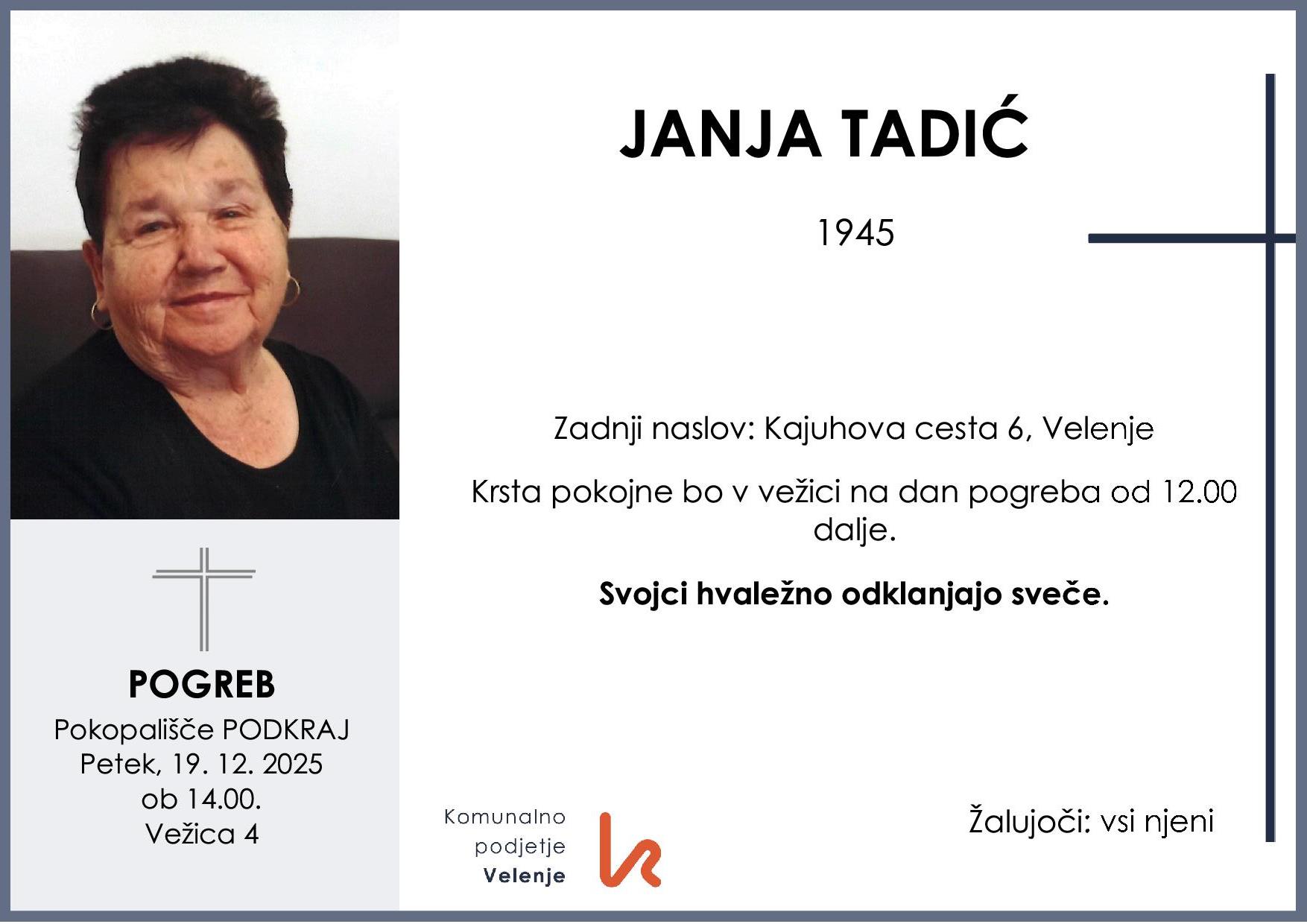 OsmrtnicaTadićJanja1945 pogreb petek, 19.12.2025 Podkraj
