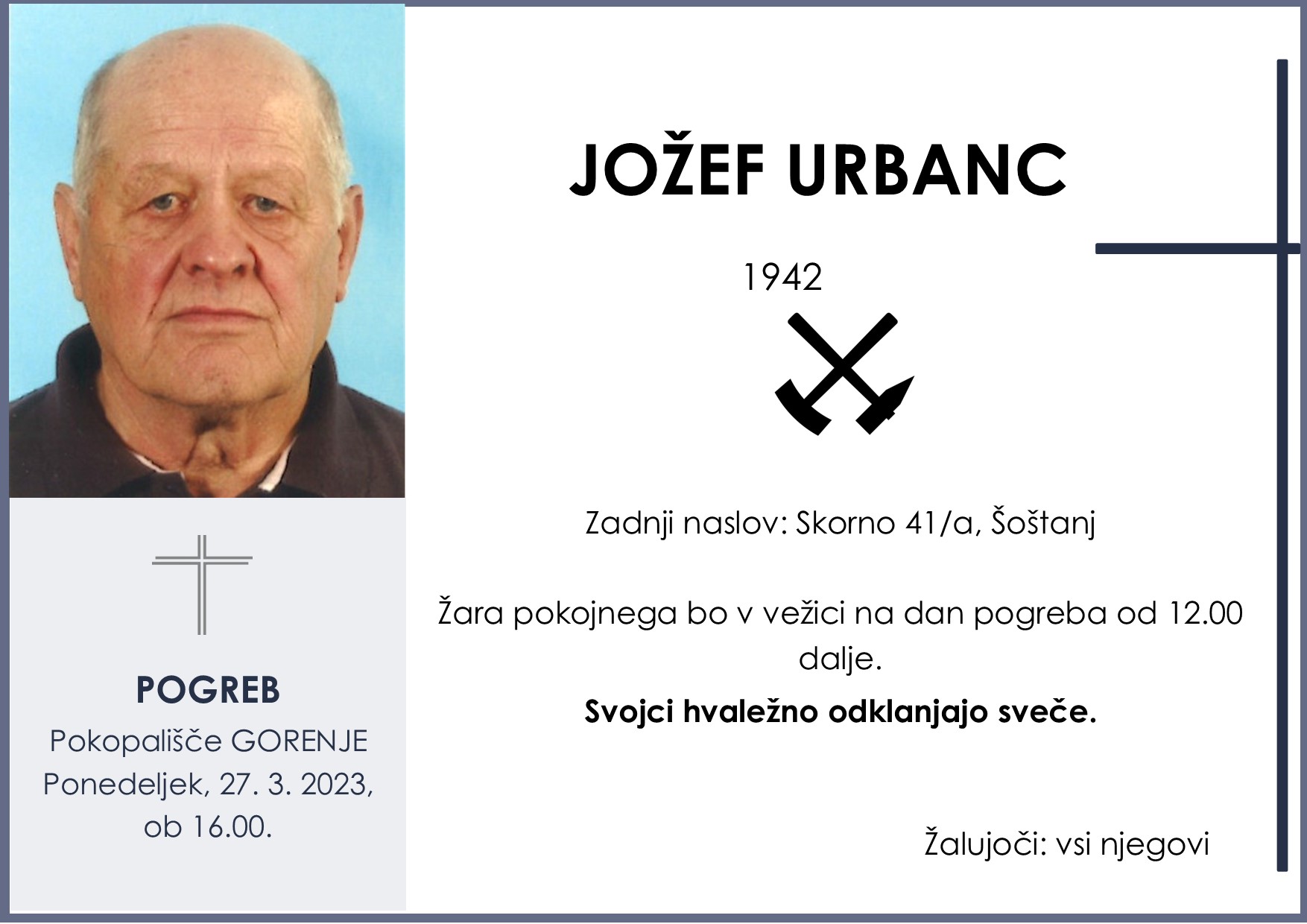 OsmrtnicaUrbancJožef1942 pogreb ponedeljek 27.3.2023 ob 16.00 Gorenje