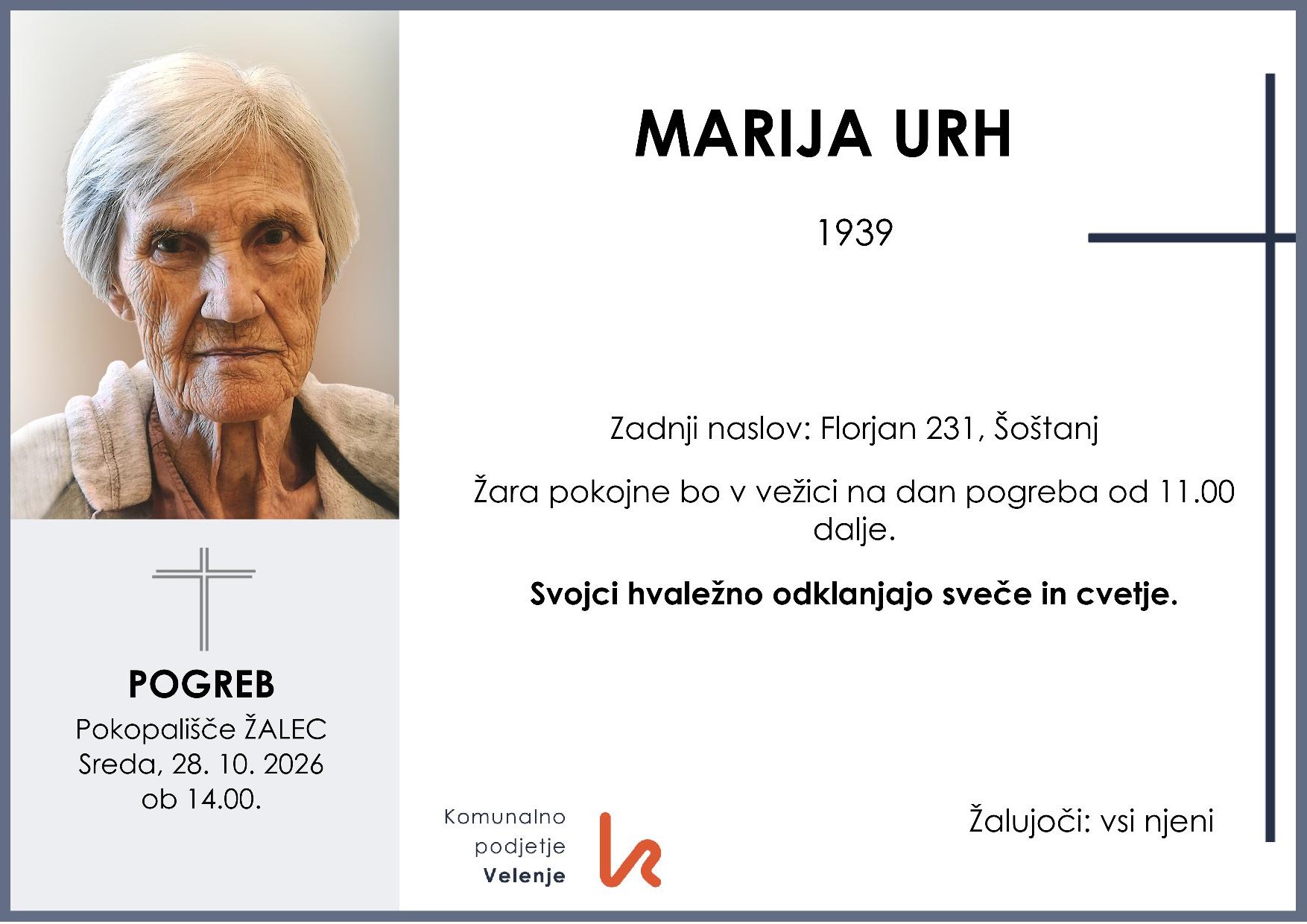 OsmrtnicaUrhMarija1939 pogreb sreda 28.10.2026 ob 14.00 Žalec