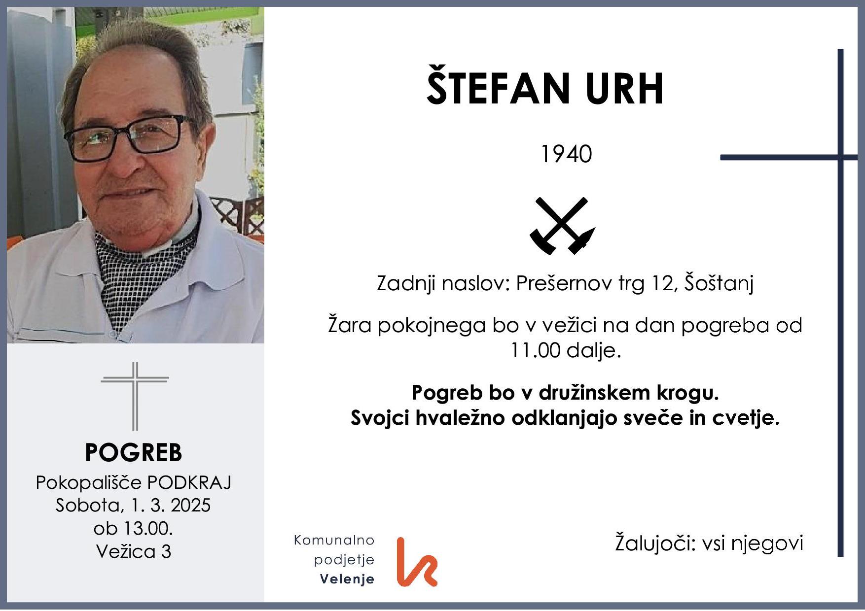 OsmrtnicaUrhŠtefan1940pogreb sobota 1.3.2025 ob 13.00 Podkraj