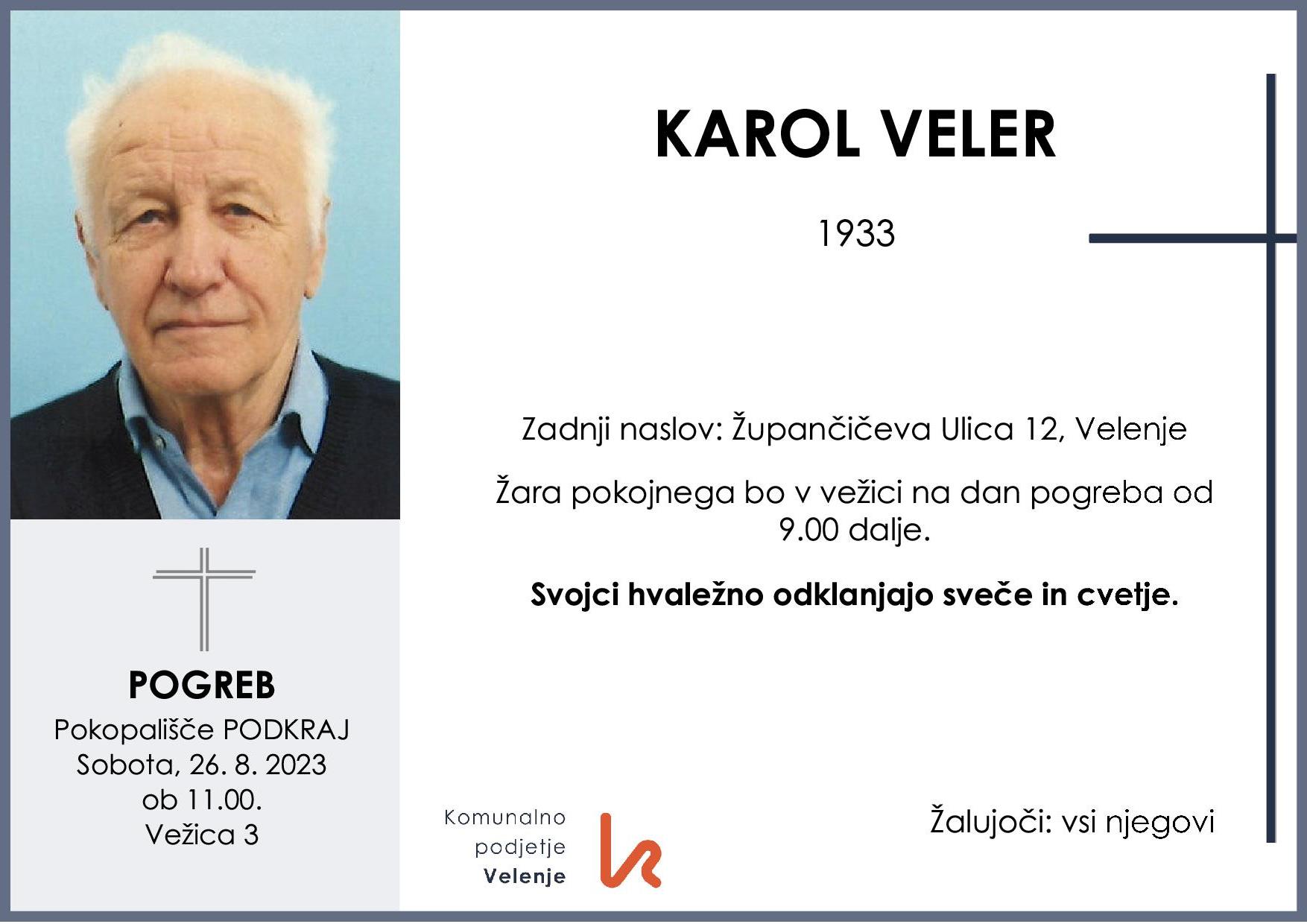 OsmrtnicaVelerKarol1933pogreb sobota 26.8.2023 ob 11.00 Podkraj