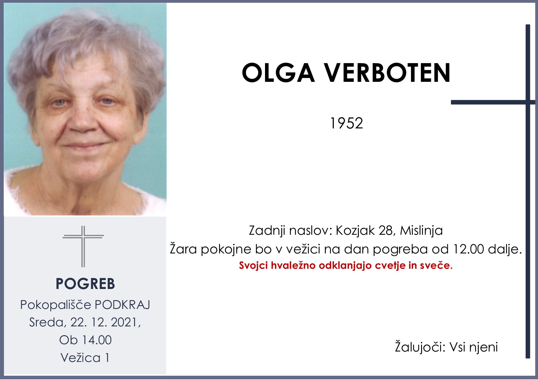 OsmrtnicaVerbotenOlga1952 pogreb sreda 22.12.2021 ob 14.00 Podkraj