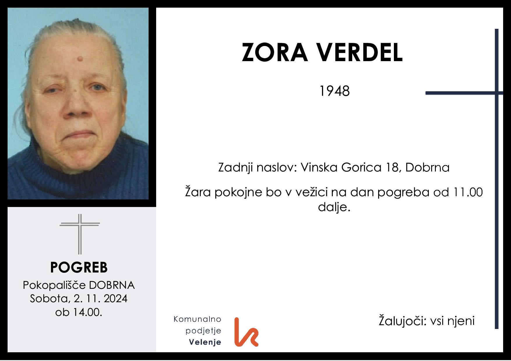 OsmrtnicaVerdelZora1948 pogreb sobota 2.11.2024 ob 14.00 Dobrna