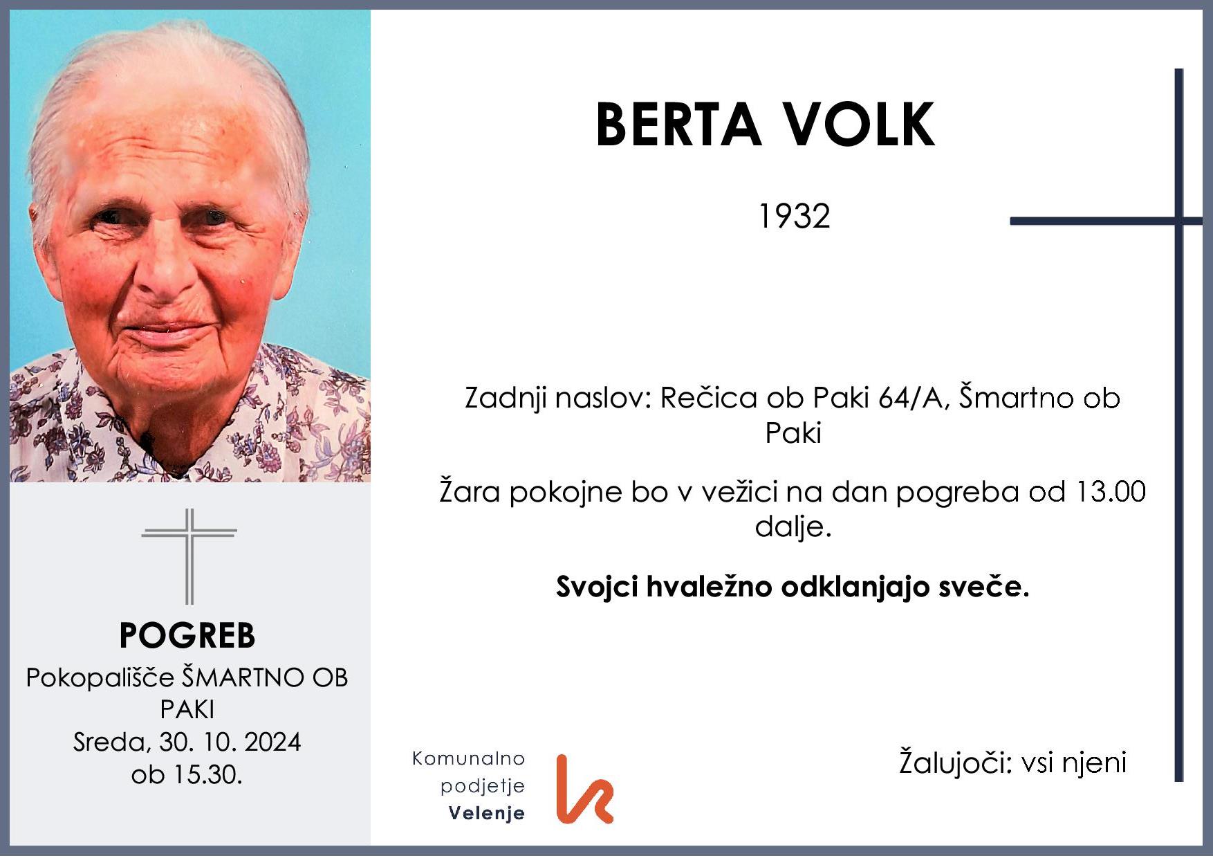 OsmrtnicaVolkBerta1932 pogreb sreda, 30.10.2024 ob 15.30 Šmartno ob Paki