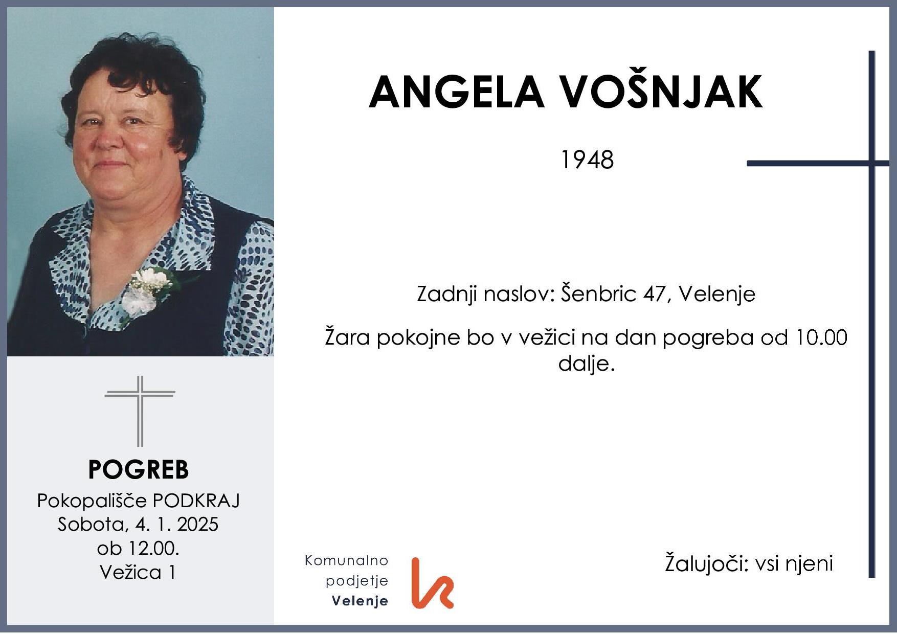 OsmrtnicaVošnjakAngela1948 pogreb sobota 4.1.2025 ob 12.00 Podkraj