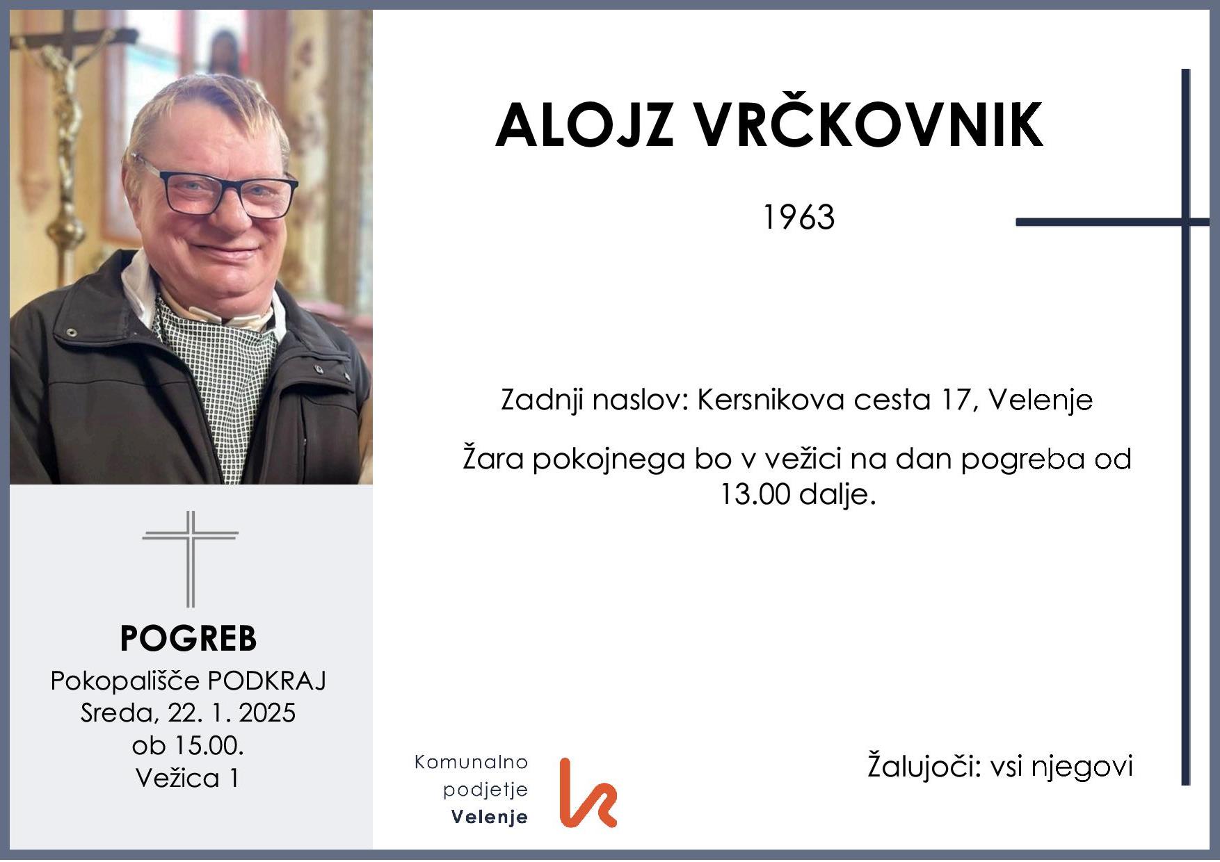 OsmrtnicaVrčkovnikAlojz1963 pogreb sreda 22.1.2025 ob 15.00 Podkraj