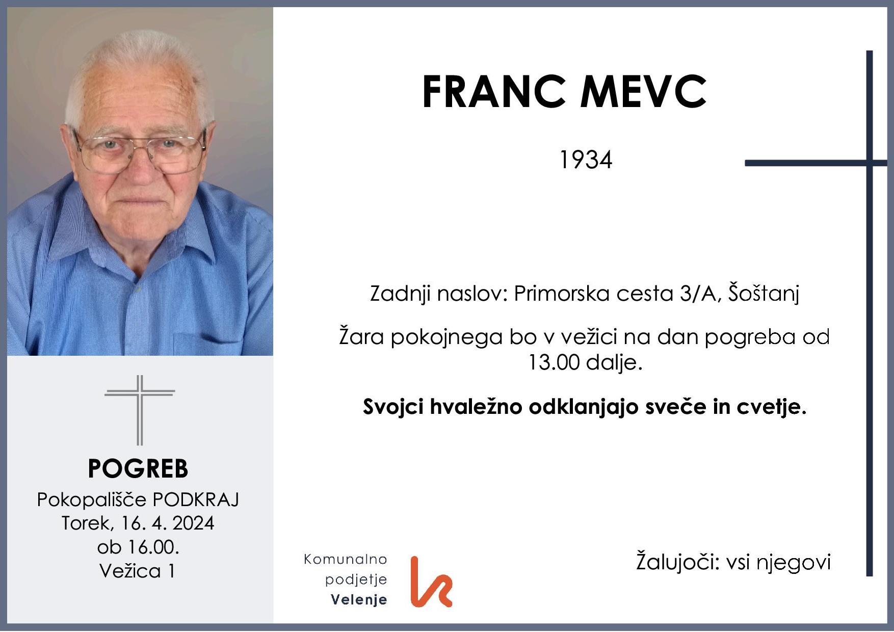OsmrtnicaaMevcFranc1934 pogreb torek 16.4.2024 ob 16.00 Podkraj