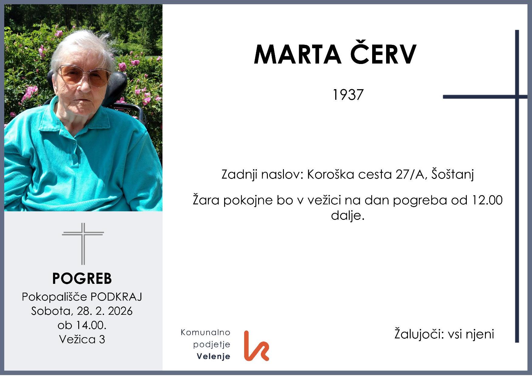 OsmrtnicaČervMarta1937pogreb sobota 28.2.2026 ob 14.00 Podkraj