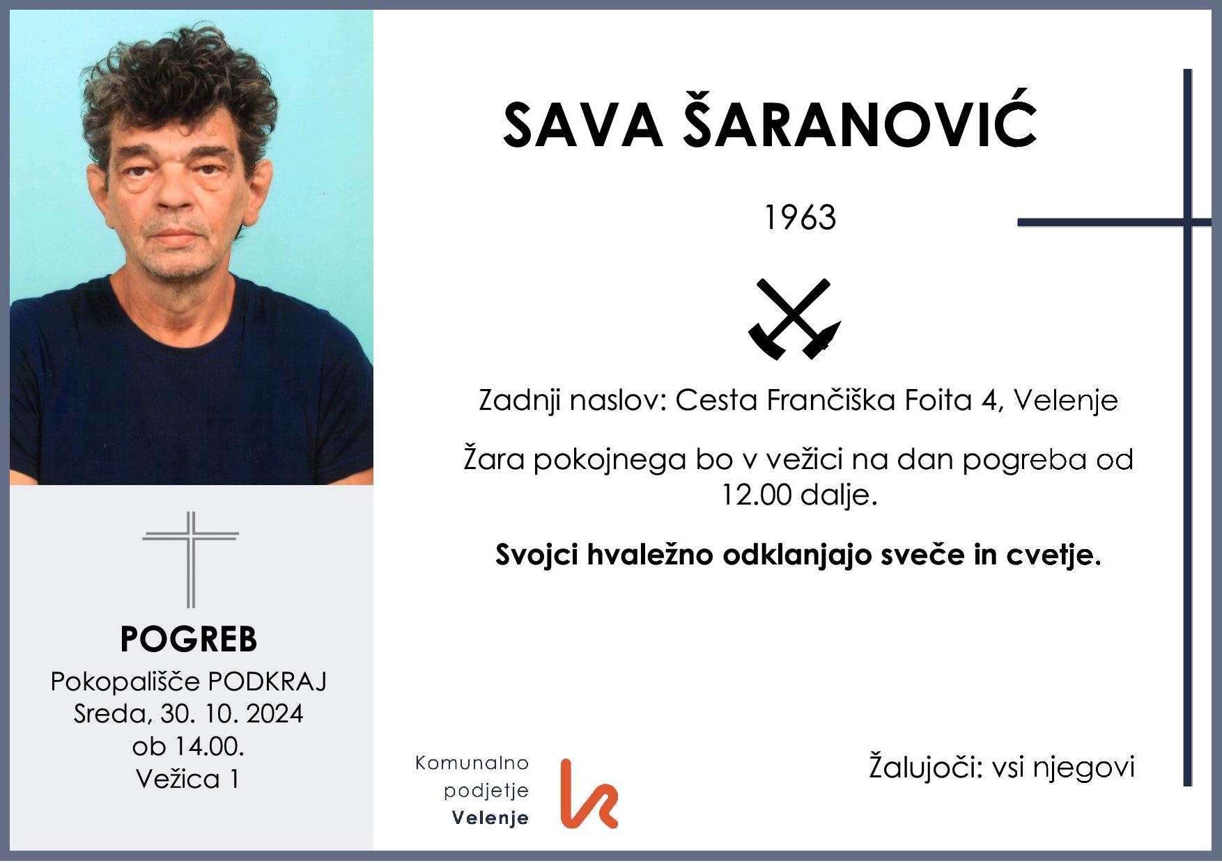 OsmrtnicaŠaranovićSava1963 pogreb sreda 30.10.2024 ob 14.00 Podkraj