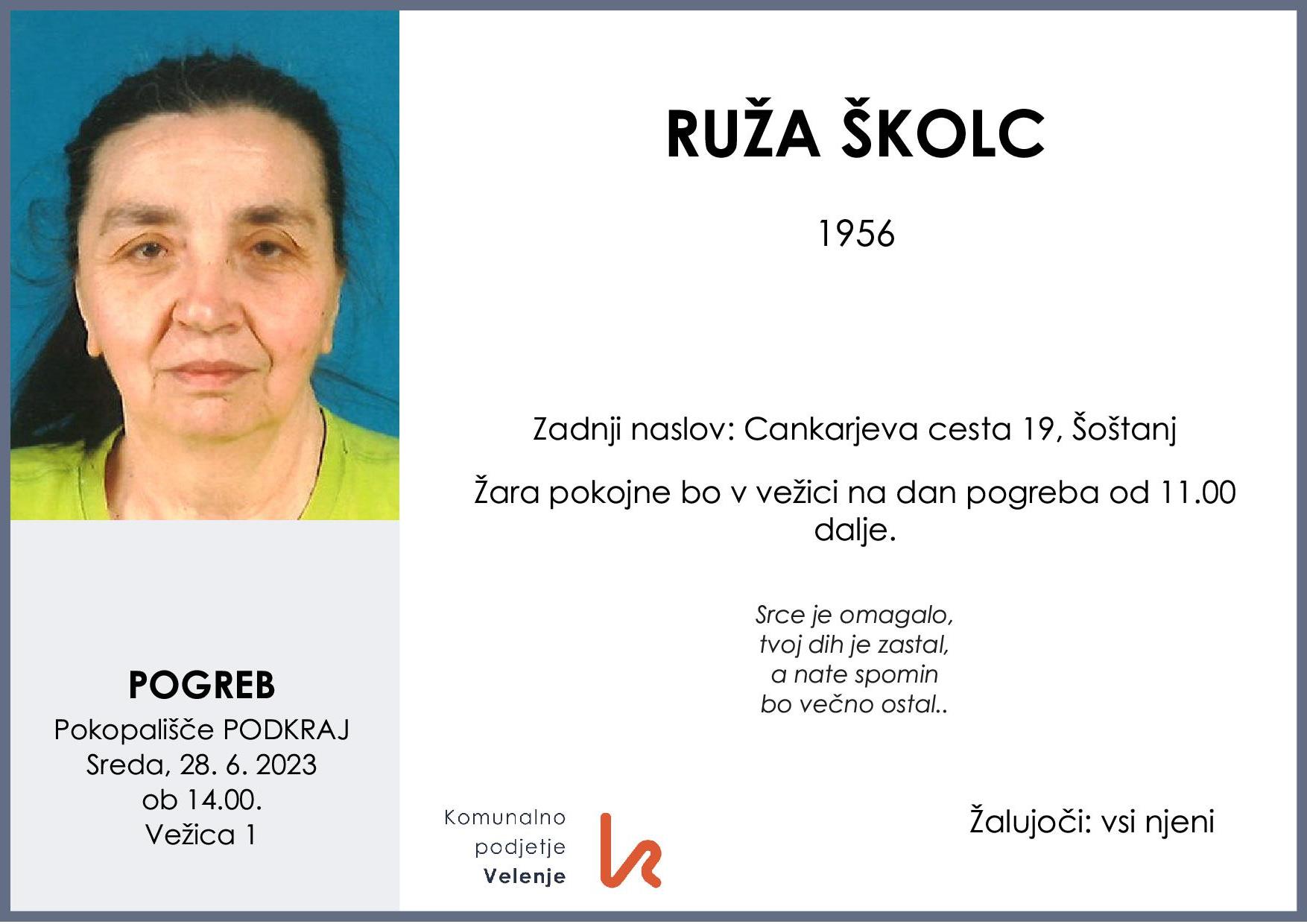 OsmrtnicaŠkolcRuža1956 pogreb sreda 28.6.2023 ob 14.00 Podkraj