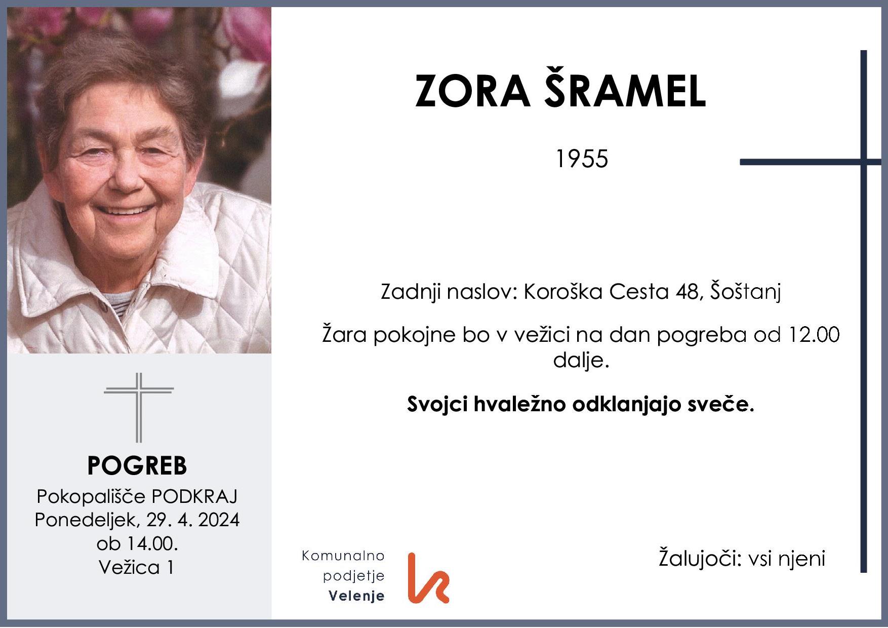OsmrtnicaŠramelZora1955pogreb ponedeljek 29.4.2024 ob 14.00 Podkraj