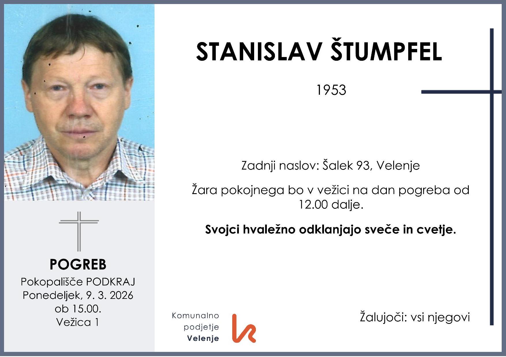 OsmrtnicaŠtumpfelStanislav1953 pogreb ponedeljek 9.3.2026 ob 15.00 Podkraj