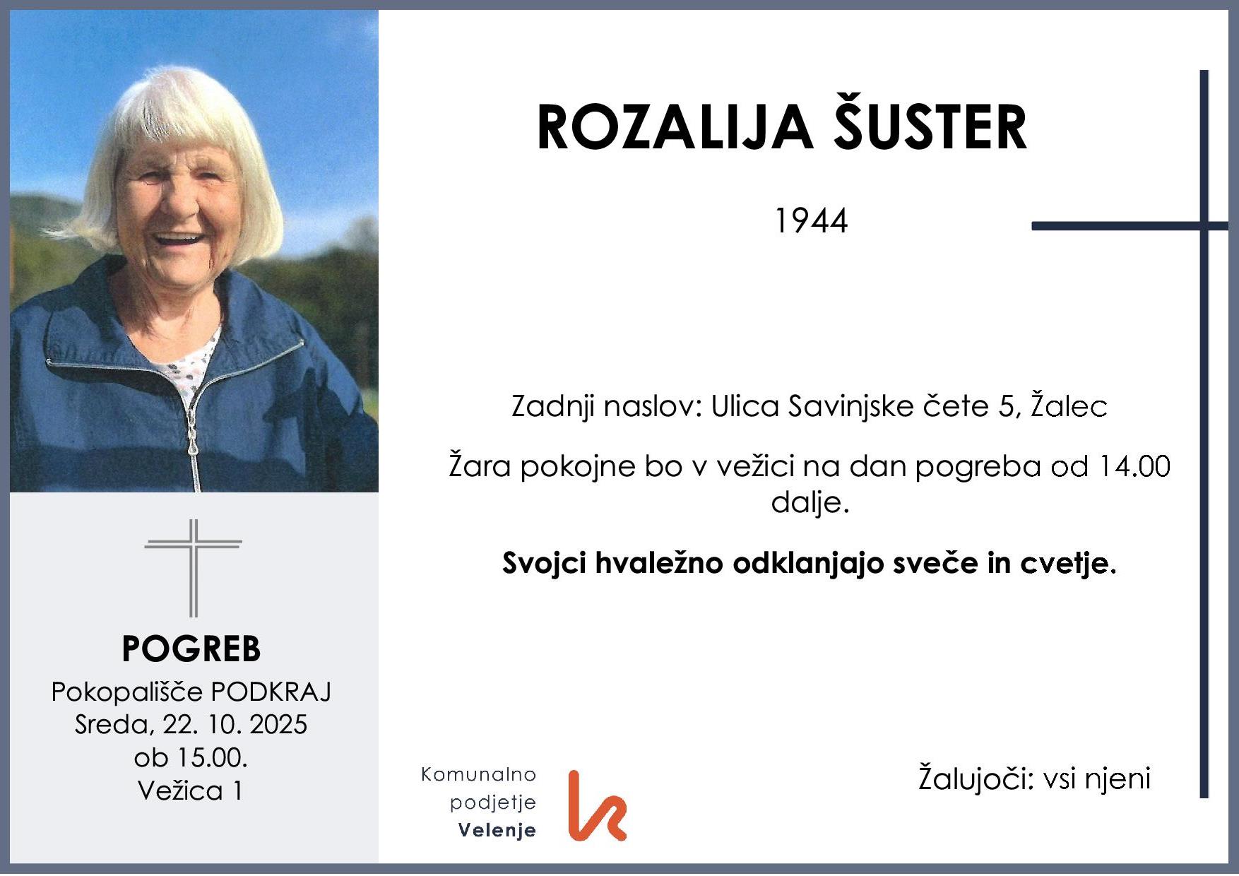 OsmrtnicaŠusterRozalija1944 pogreb sreda 22.10.2025 ob 15.00 Podkraj