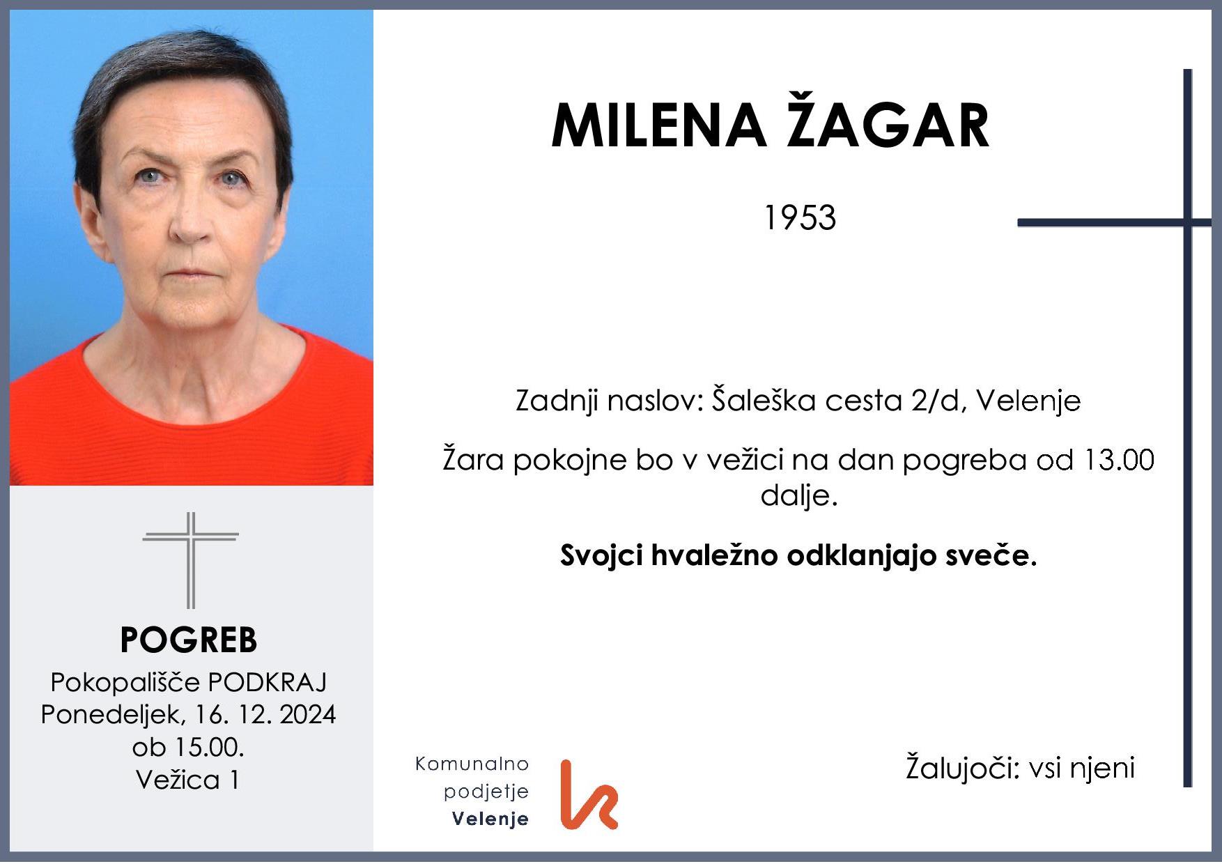 OsmrtnicaŽagarMilena1953pogreb ponedeljek 16.12.2024 ob 15.00 Podkraj