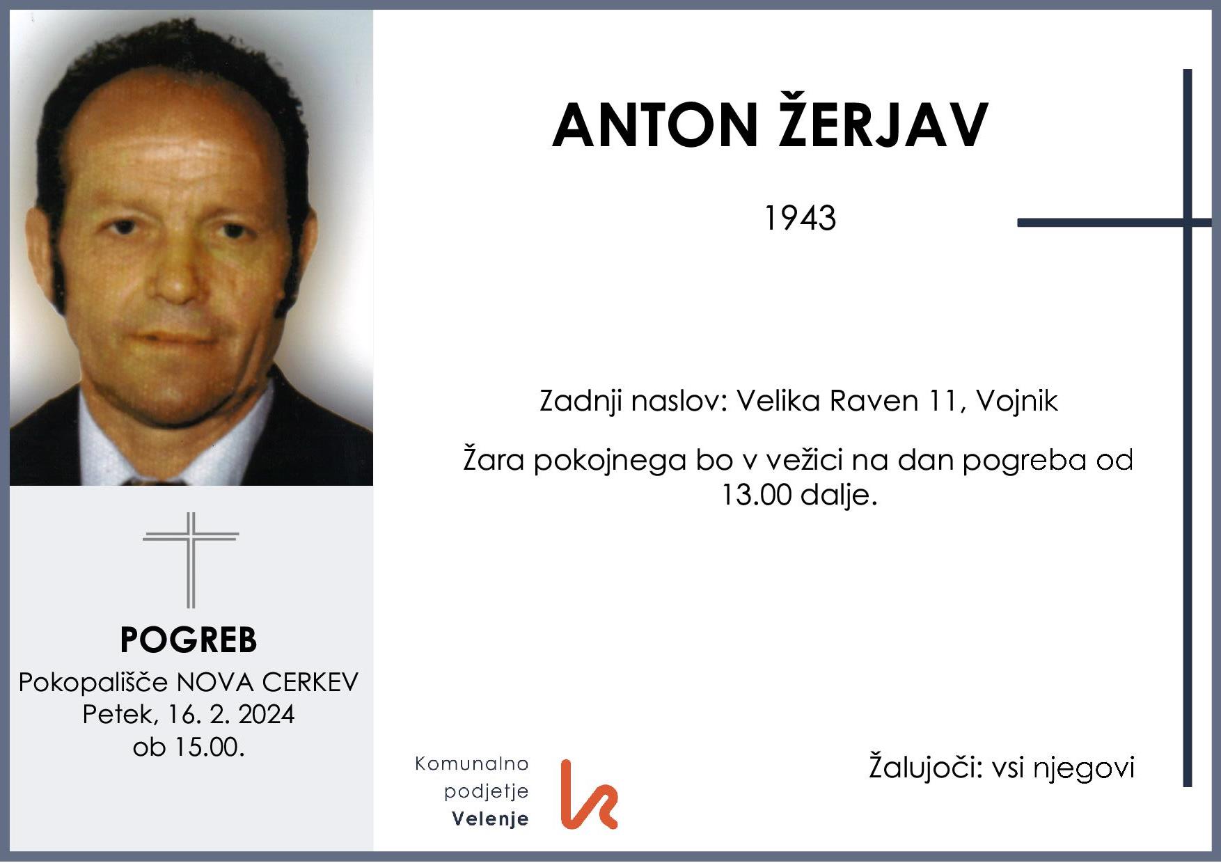 OsmrtnicaŽerjevAnton1943 pogreb petek 16.2.2024 ob 15.00 Nova Cerkev
