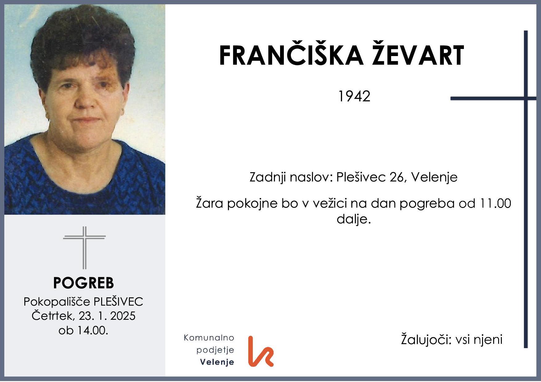 OsmrtnicaŽevartFrančiška1942 pogreb četrtek 23.1.2025 ob 14.00 Plešivec