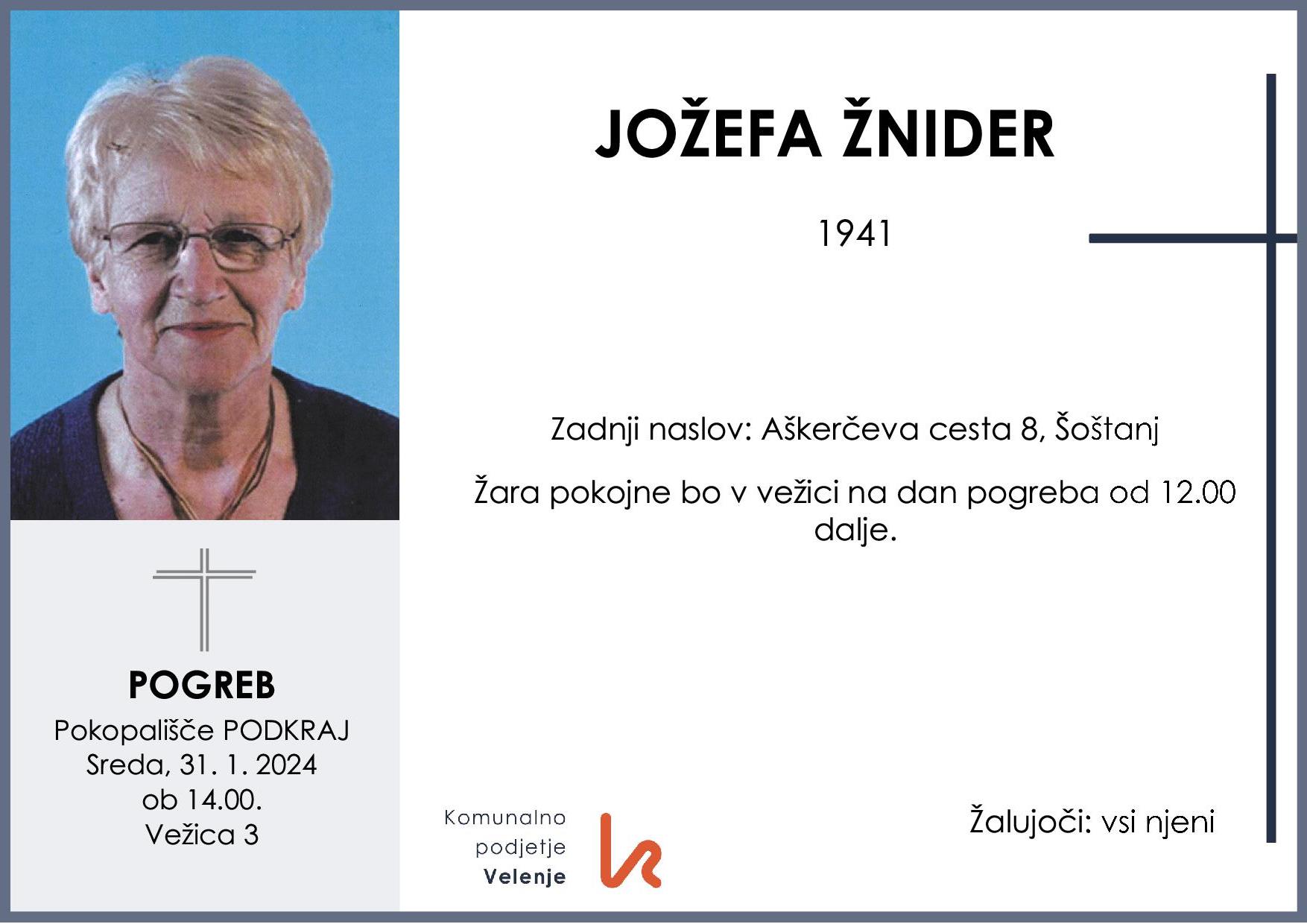 OsmrtnicaŽniderJožefa1941 pogreb sreda, 31.1.2024 ob 14.00 Podkraj